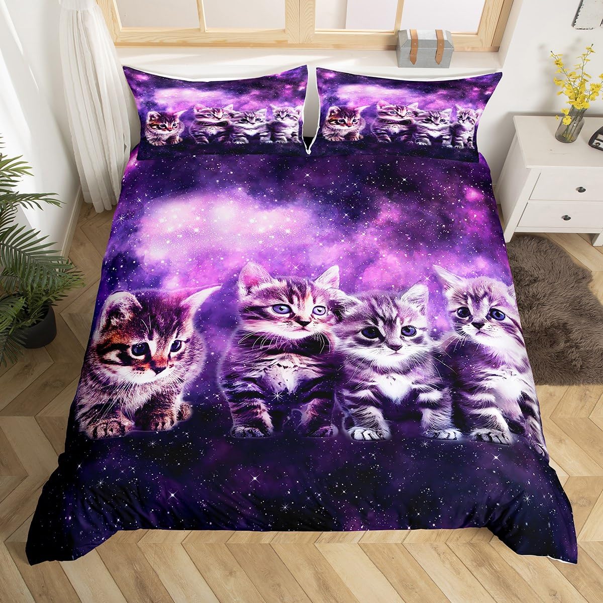 Loussiesd Galaxis Katzen Muster Bettbezug Set Nette Haustier Kätzchen Bettwäsche Set 135x200cm für Kinder Jungen Mädchen Cartoon 3D Tier Thema Galaxy Bettwäsche Lila Raum Dekor