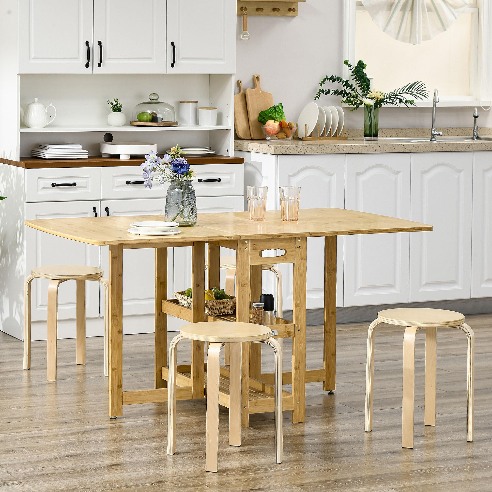 HOMCOM Taburetes Apilables Juego de 4 Taburetes Multiusos Madera Redondos Carga 120 kg para Cocina Salón Dormitorio Estudio Ø40x45 cm Madera Natural