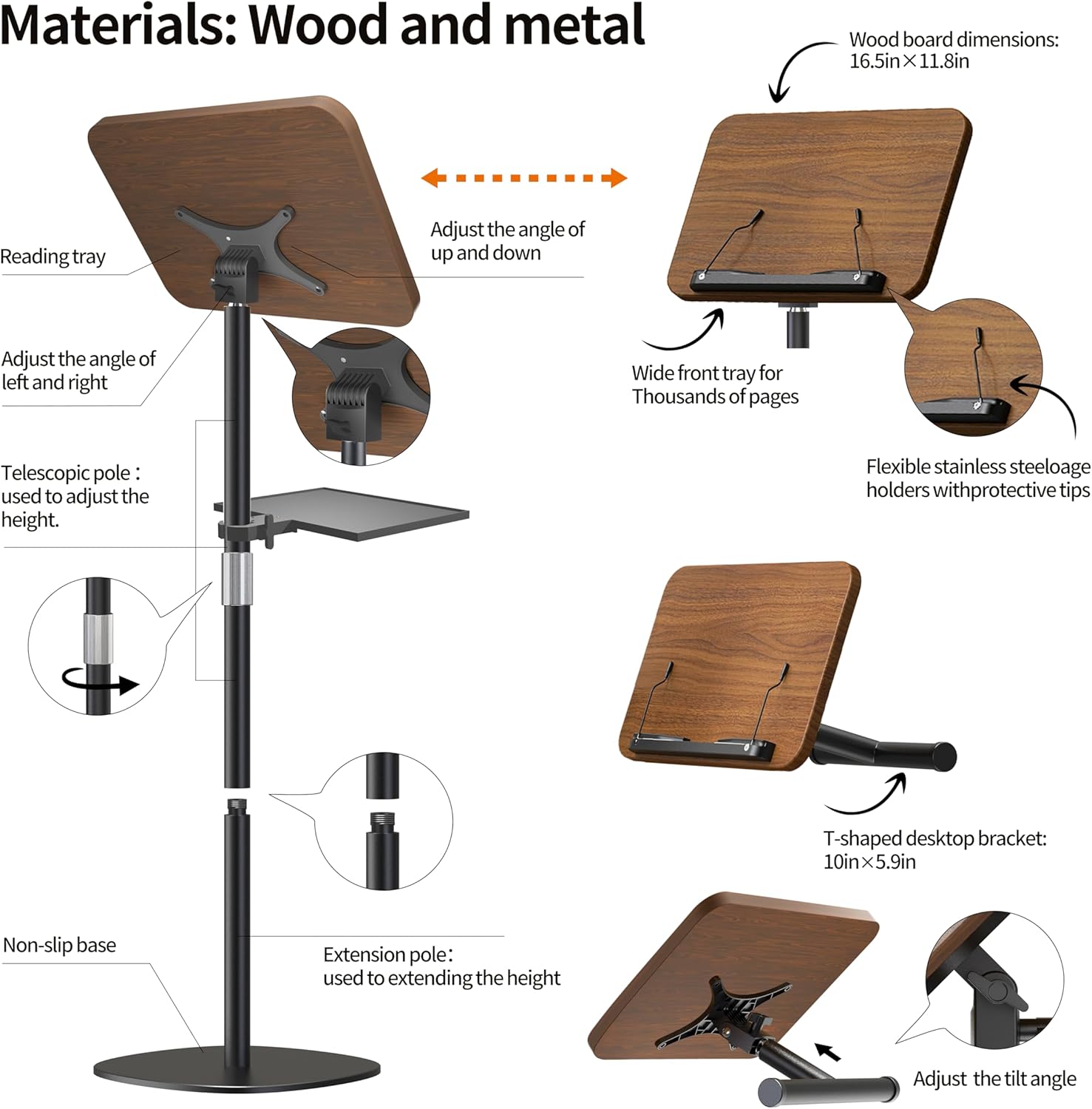 NAMON Floor Music Stand with Tray – 180° Adjustable Solid Wood Desk, Height Adjustable from 16.5 to 51 Inches – Perfect for Projectors, Reading, Laptops & More（Walnut Effect）
