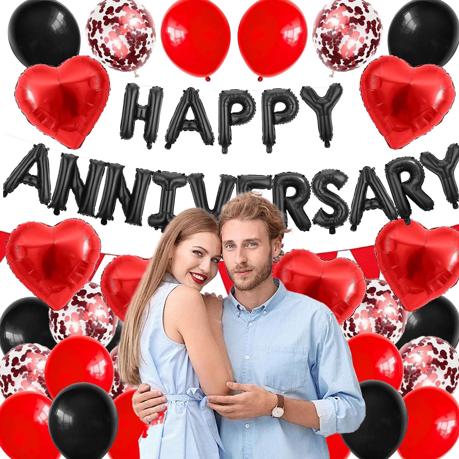 Happy Anniversary Decorations, 48Pcs Black Red Romantic Wedding Decoration Set including Heart Foil Balloon - Image 4