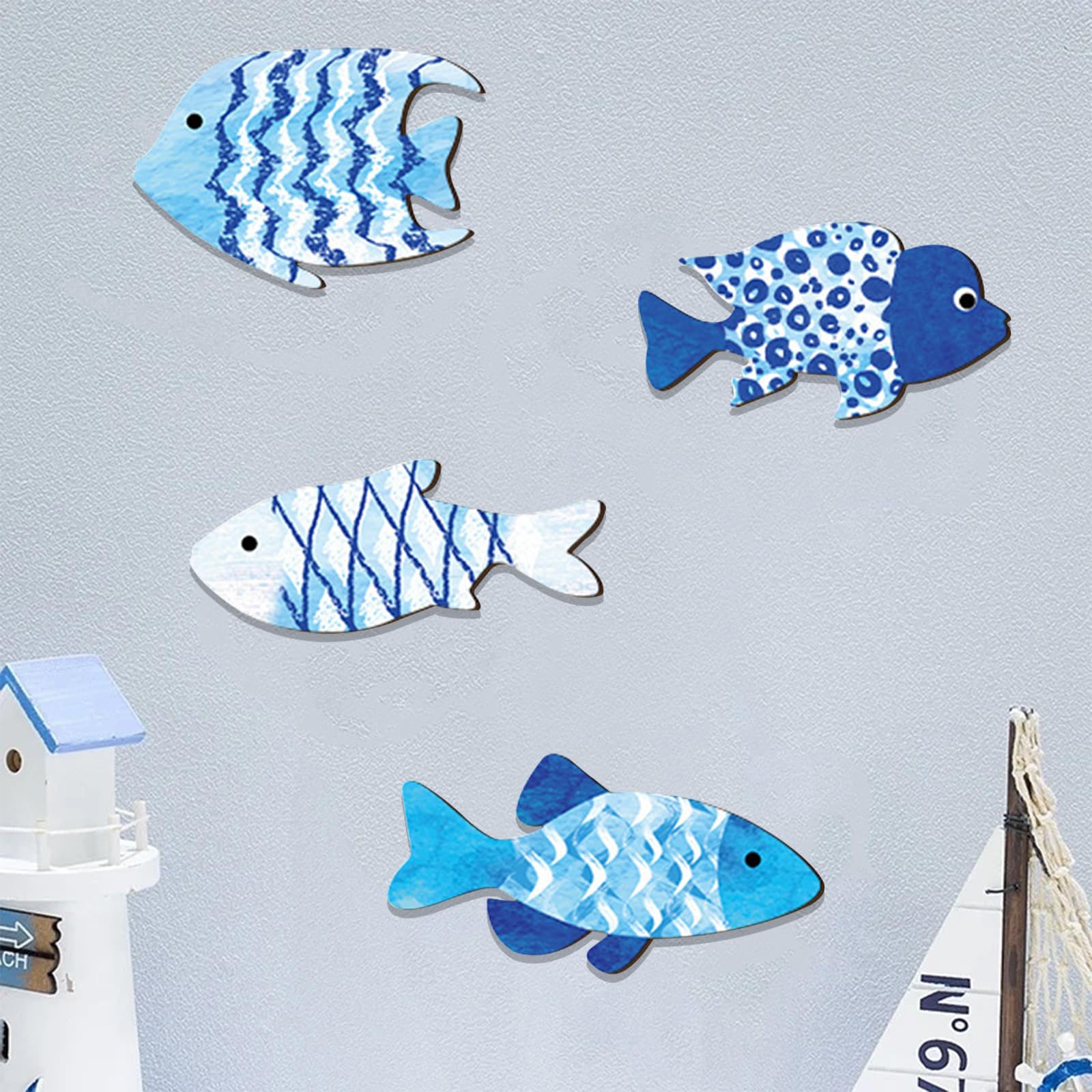 BSITSSS 4PCS Sea Fish Beach Wall Decor, Beach Decorations Themed, DIY Nautical Decor, Nautical Wall Art Ornaments, Coastal WallArt for Home Bedroom Living Room