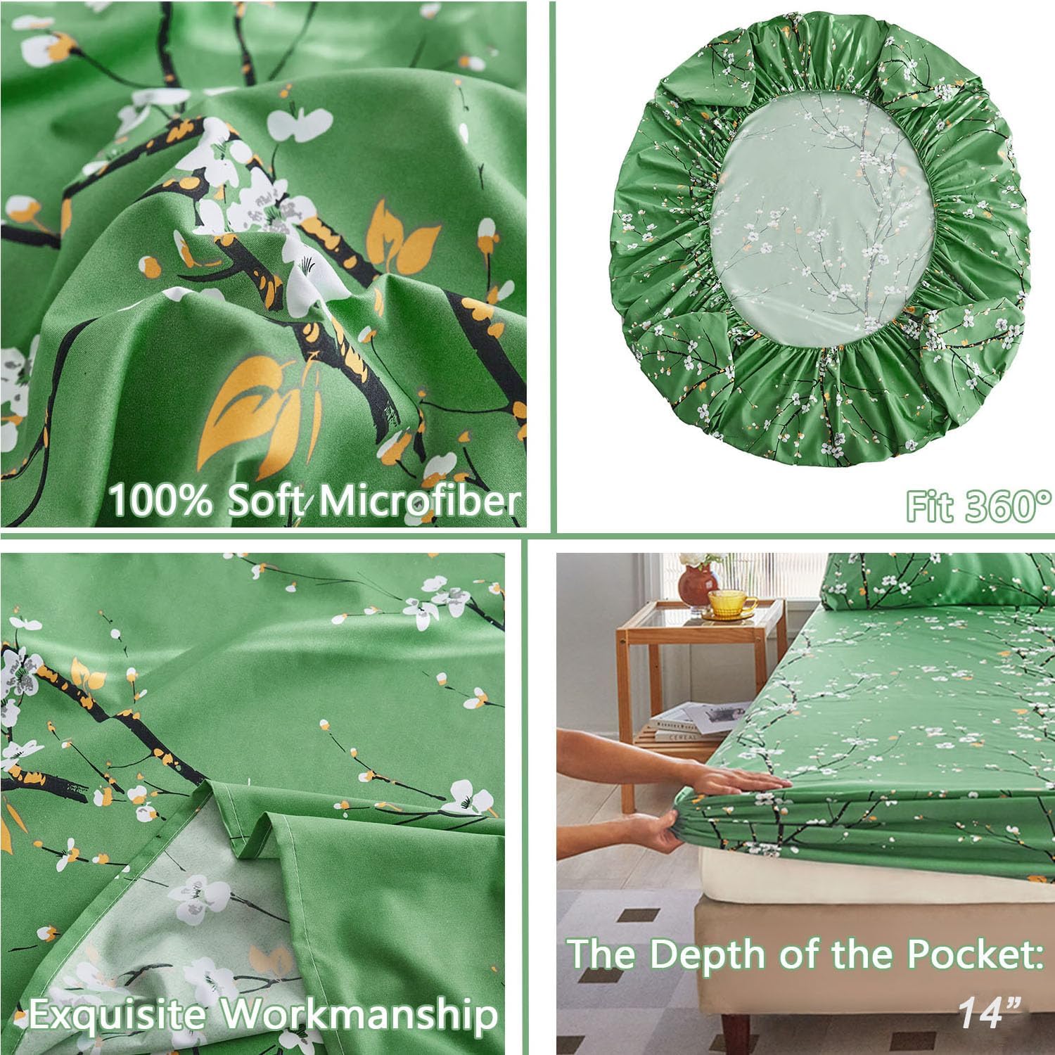 ZANBAST Green Sheet Set Full Size 4 Pcs Floral Sheets Set-All Season Full Flowers Bed Sheet Set with Pillowcases Shabby Vintage Sheets for Women Men (Green, Full) - Image 4