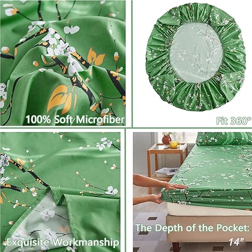 Miniatura 4 de ZANBAST - Juego de sábanas verdes de 4 piezas, tamaño matrimonial, juego de sábanas con fundas de almohada, diseño vintage desgastado para mujeres y