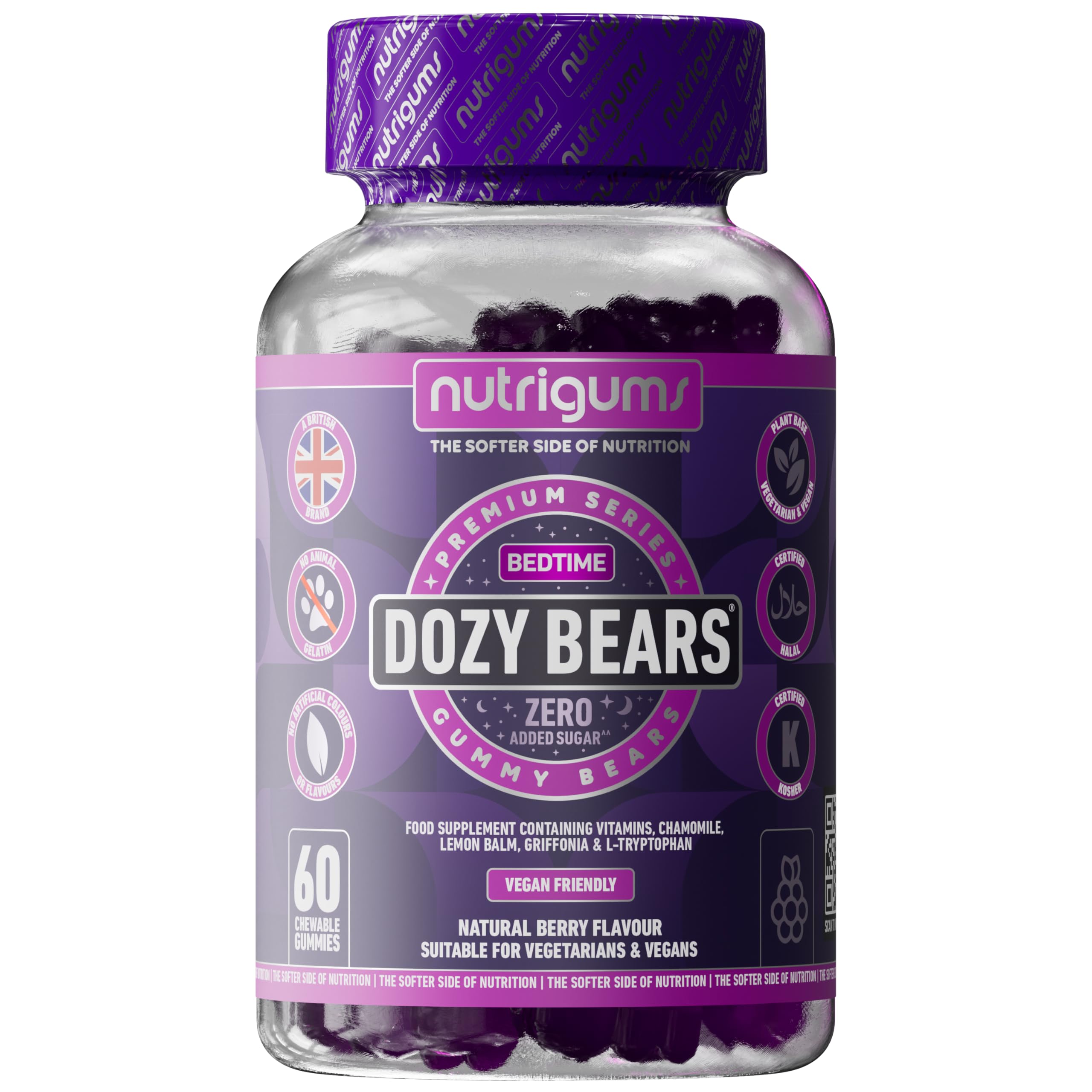 DOZYBEARS60 Vegan Gummy Bears. The Ultimate Bedtime Supplement - Mixed Berry Flavour with 5-HTP, L-Tryptophan, Vitamins C, B2, B3, B5, B6, B12 with Chamomile and Lemon Balm to Support Sleep