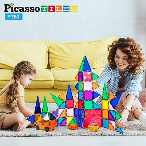 Miniatura 5 de PicassoTiles Figuras de avión + 80 piezas de azulejos magnéticos de diamante + 2 piezas para automóvil, paquete de expansión de 4 imanes de acción