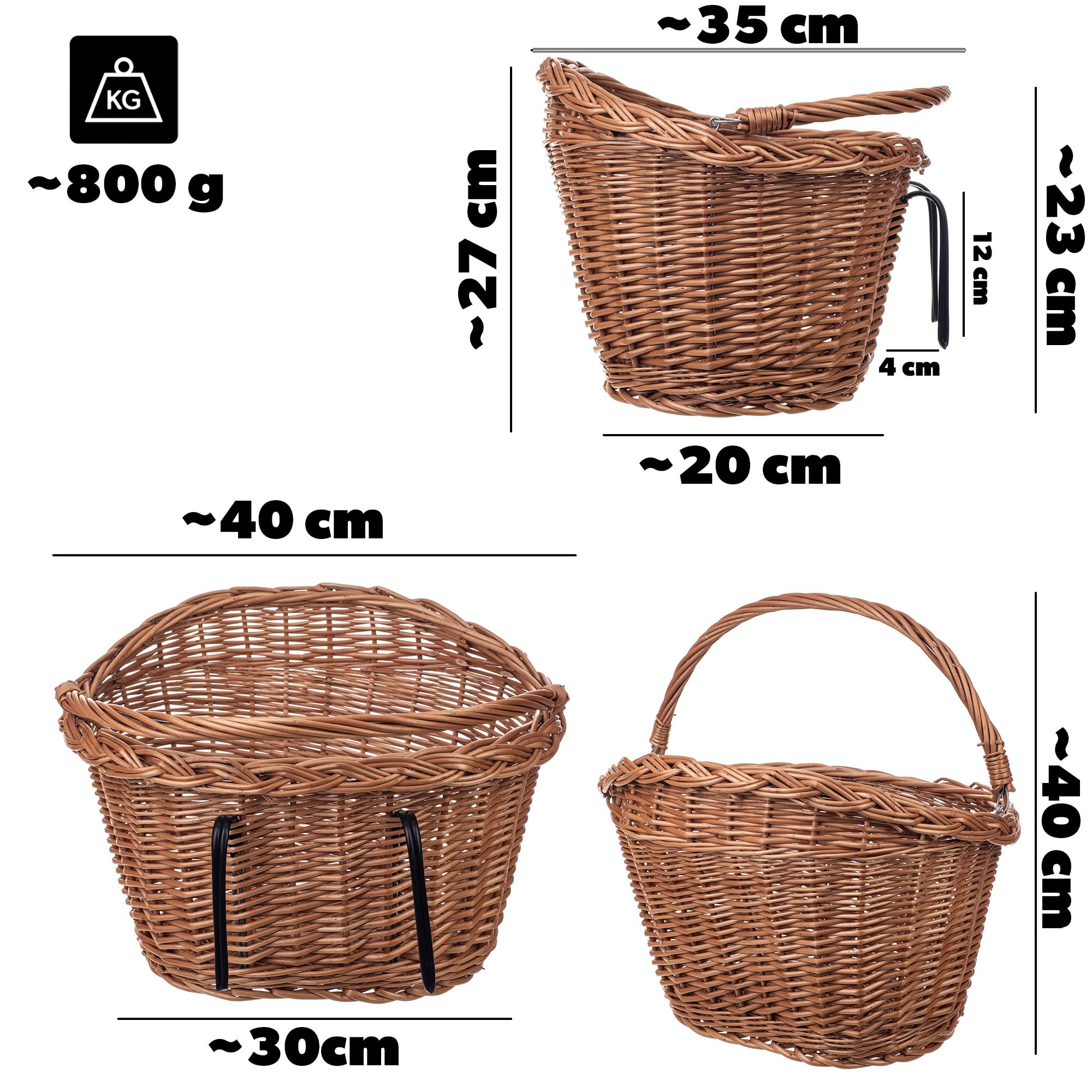 KADAX Panier de vélo avant en osier robuste, panier de guidon avec poignée de transport et crochet en acier, panier classique en osier pour guidon, grand panier pour vélo