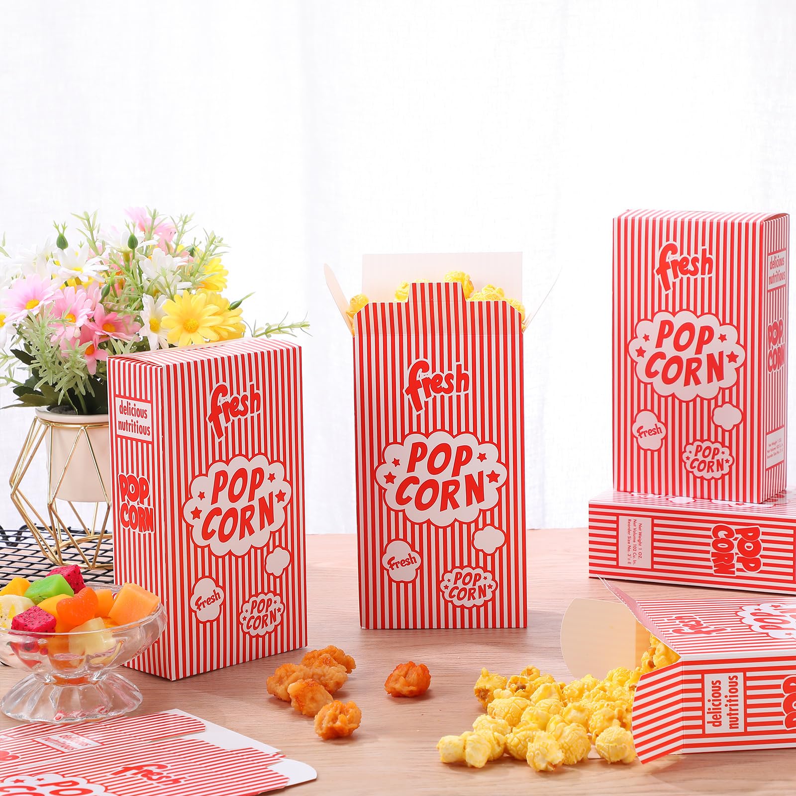 Ireer 200 cajas de palomitas de maíz para fiestas de películas a granel, contenedores de palomitas de maíz cerrados, cajas de papel a rayas rojas y blancas para máquina de palomitas de maíz, teatro,