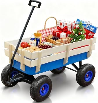 All-Terrain Foldable Wagon | Removable Wooden Side Panels & Steel Bed | Air Tires | Versatile Hauler for Picnics, Garden Activities, Christmas, Various Holidays, Gatherings & Meals | Blue