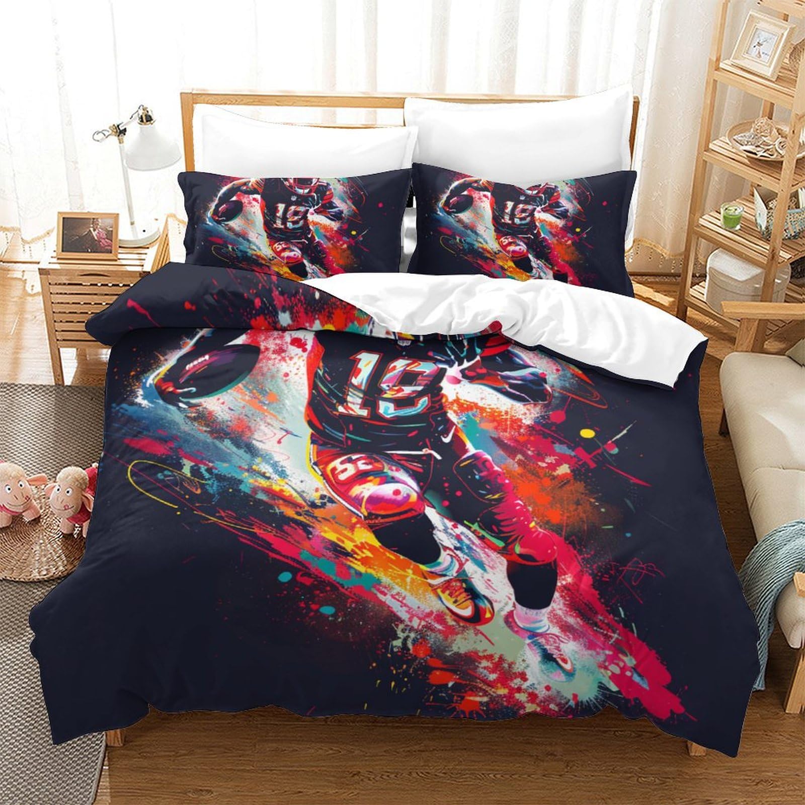 Parure de lit football 220x240cm comprenant housse de couette 3D et deux taies d'oreiller microfibre