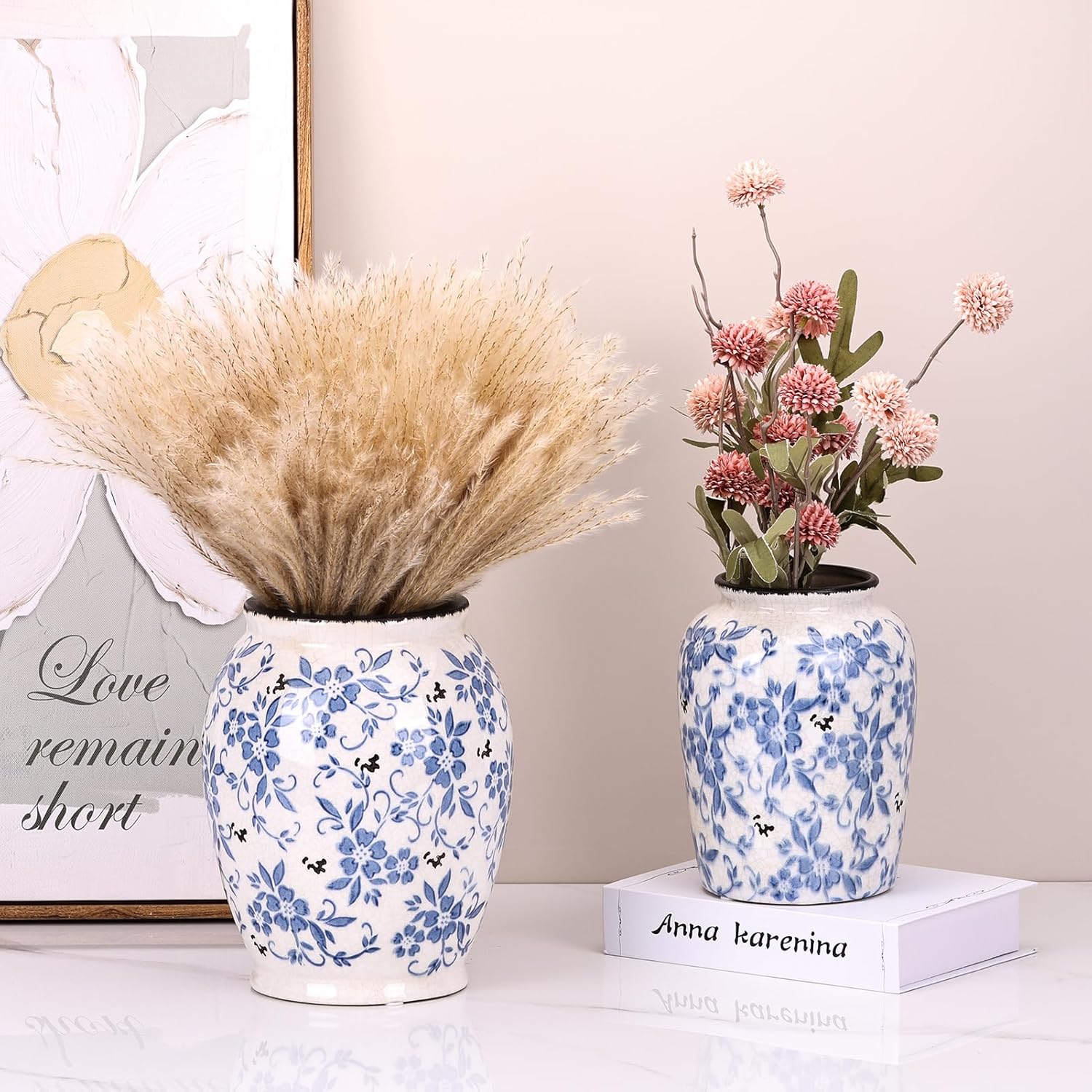 Blue and White Vases,Ceramic vases for Home Decor, Farmhouse Chinoiserie Floral French Vase,for Living Room Shelf Decors,Console Table Mantle Chinoiserie Decor 7.8" H (Blue and White Porcelain-A) - Image 7