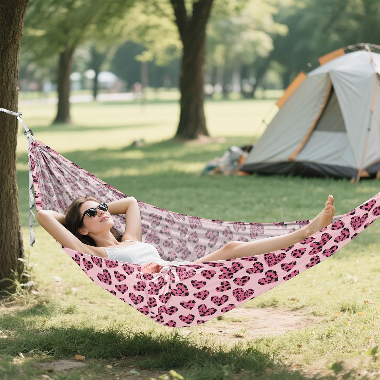 ALAZA Pink Heart Leopard Print Camping Hammocks Single or 2 Person 500 lbs Portable Parachute Travel Hammock w/Tree Straps for Hiking Backpacking Indoor Outdoor