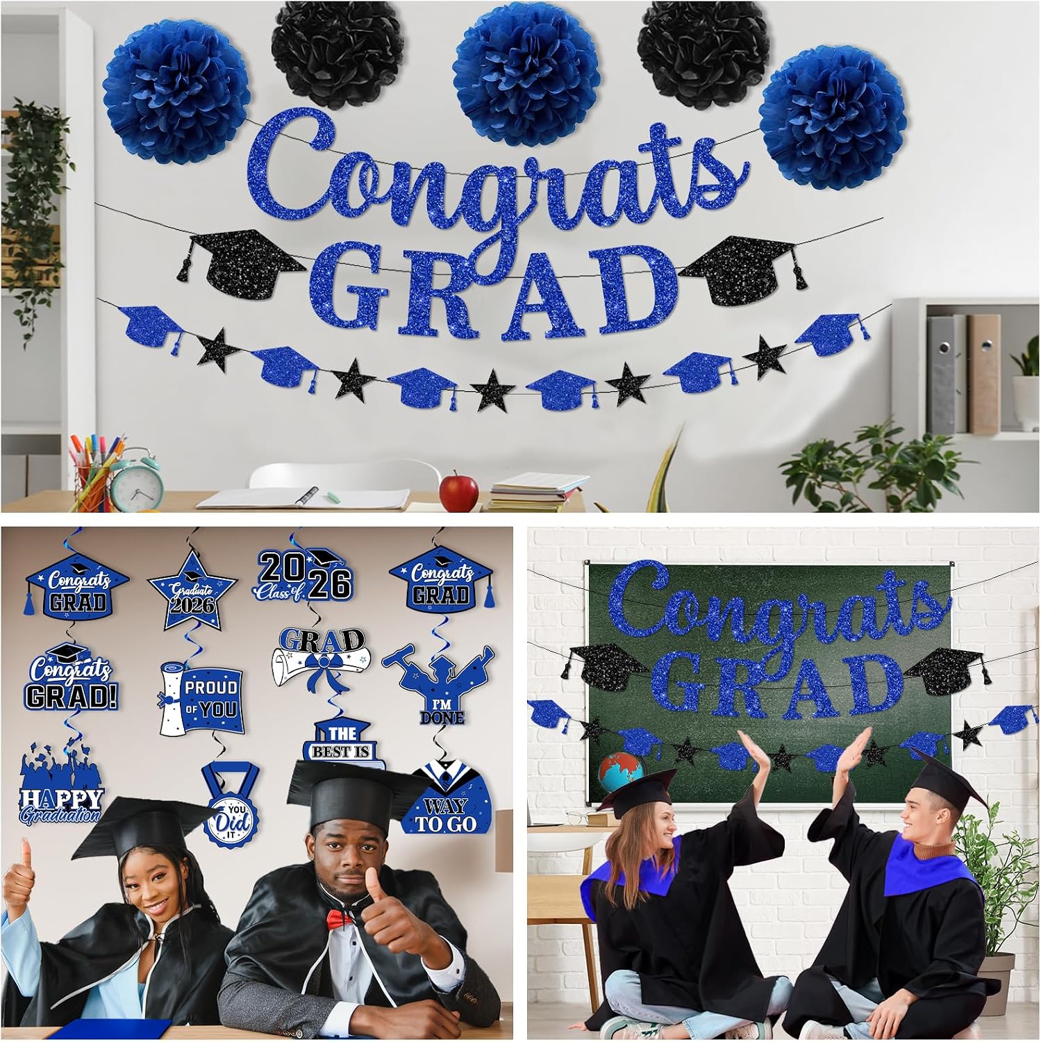 Blue Graduation Decorations,Graduation Decorations Class Of 2026 Blue and Black Graduation Banner Congrats Grad Hanging Swirls for College Grad Party