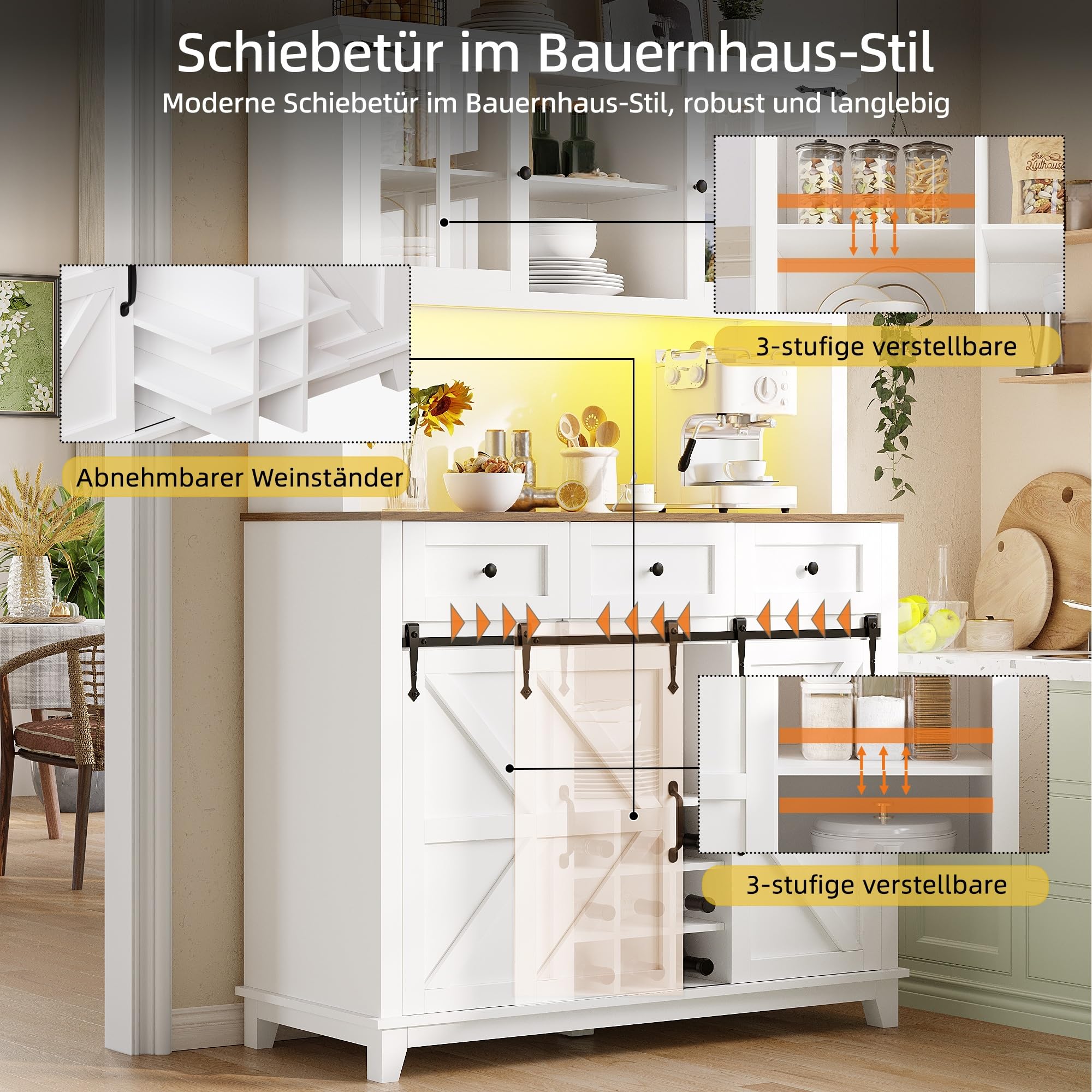 Küchenschrank mit Verstellbaren Ablagen und LED-Beleuchtung, Buffetschrank Hochschrank mit Weinregal und 3 Schubladen, Küchenschränke mit Arbeitsplatte, Küchenmöbel, Weiß, 105×38.4×180 cm