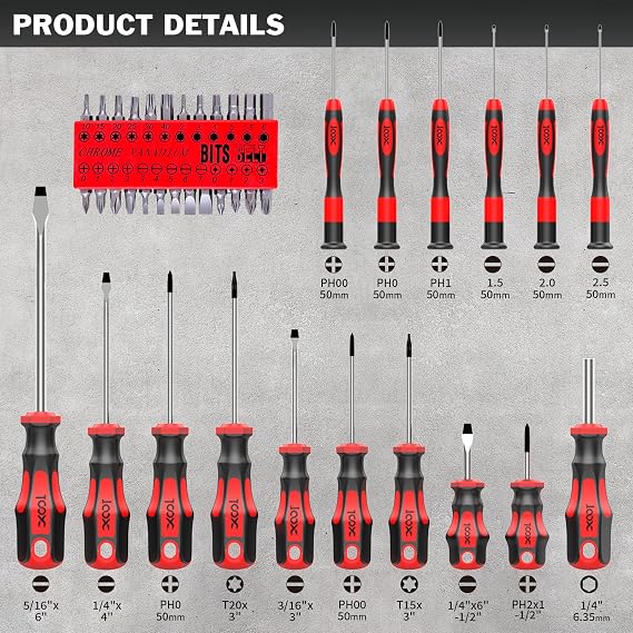 XOOL 42PCS Magnetic Screwdriver Set with Case, Torx Phillips Flat Hex Pozi Non-Slip Magnetic Tips Screwdriver Set