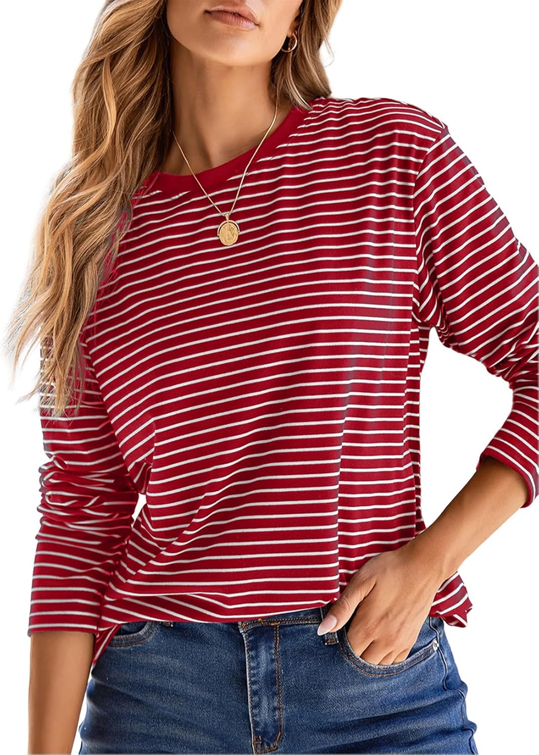 Dokotoo Women's 2026 Spring Summer Casual Long Sleeve Tops Lightweight Crew Neck Knit Basic Striped T Shirts