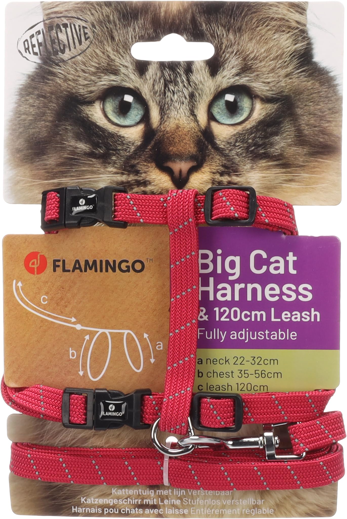cat harness - large cat Elza coral - 22-32cm - 35-56cm - leash 120cm - adjustable nylon - reflective - with carabiner