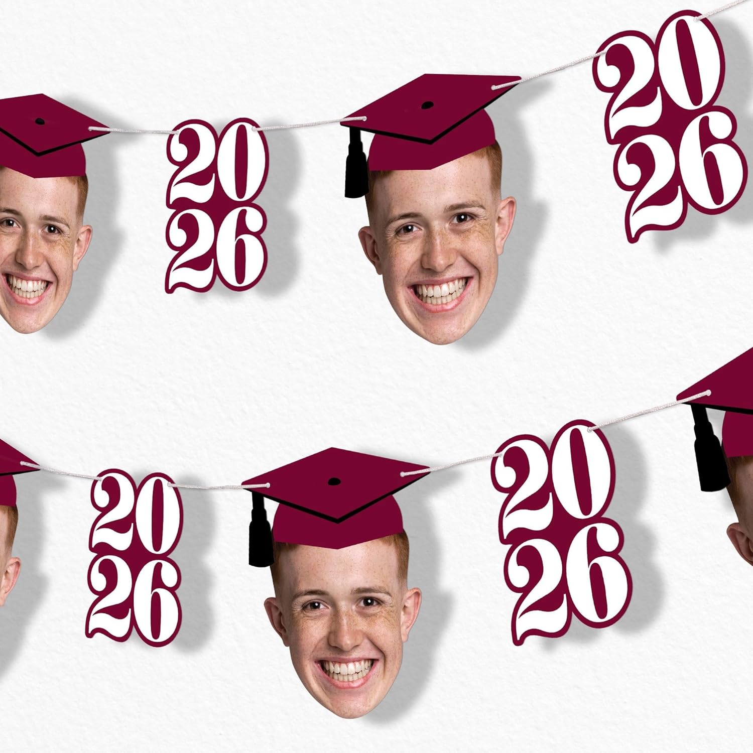 Big Dot of Happiness Custom Photo Maroon Graduation Garland Banner, Personalized Grad Party Decoration, Face Cutout Banner Backdrop, 30 Feet of Cord, 5 2026 Shapes & 5 Faces with Grad Caps