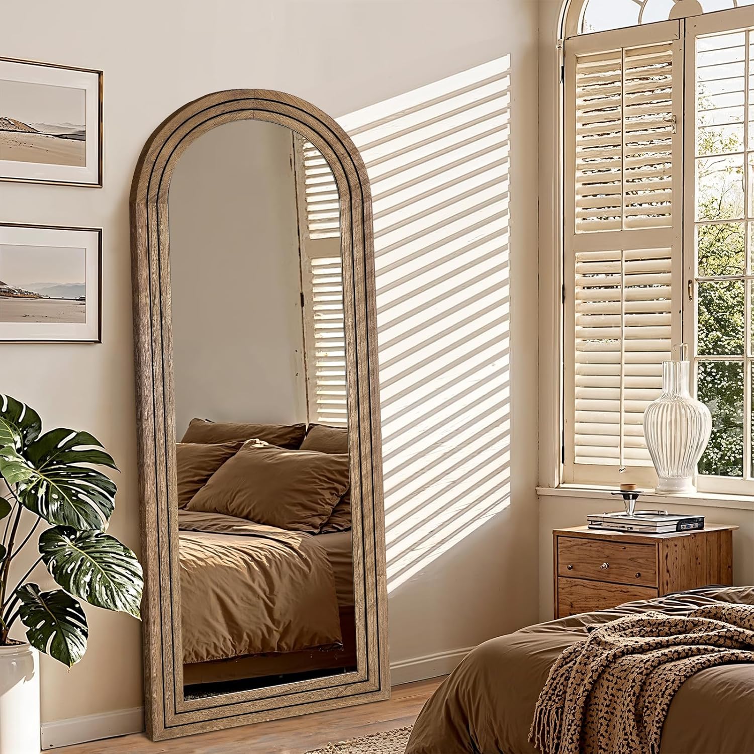 Full Length Mirror 65"x24" Arched Solid Wood Frame Floor Standing Mirror, Hanging or Leaning Wall-Mounted for Living Room, Bedroom, Oak Color
