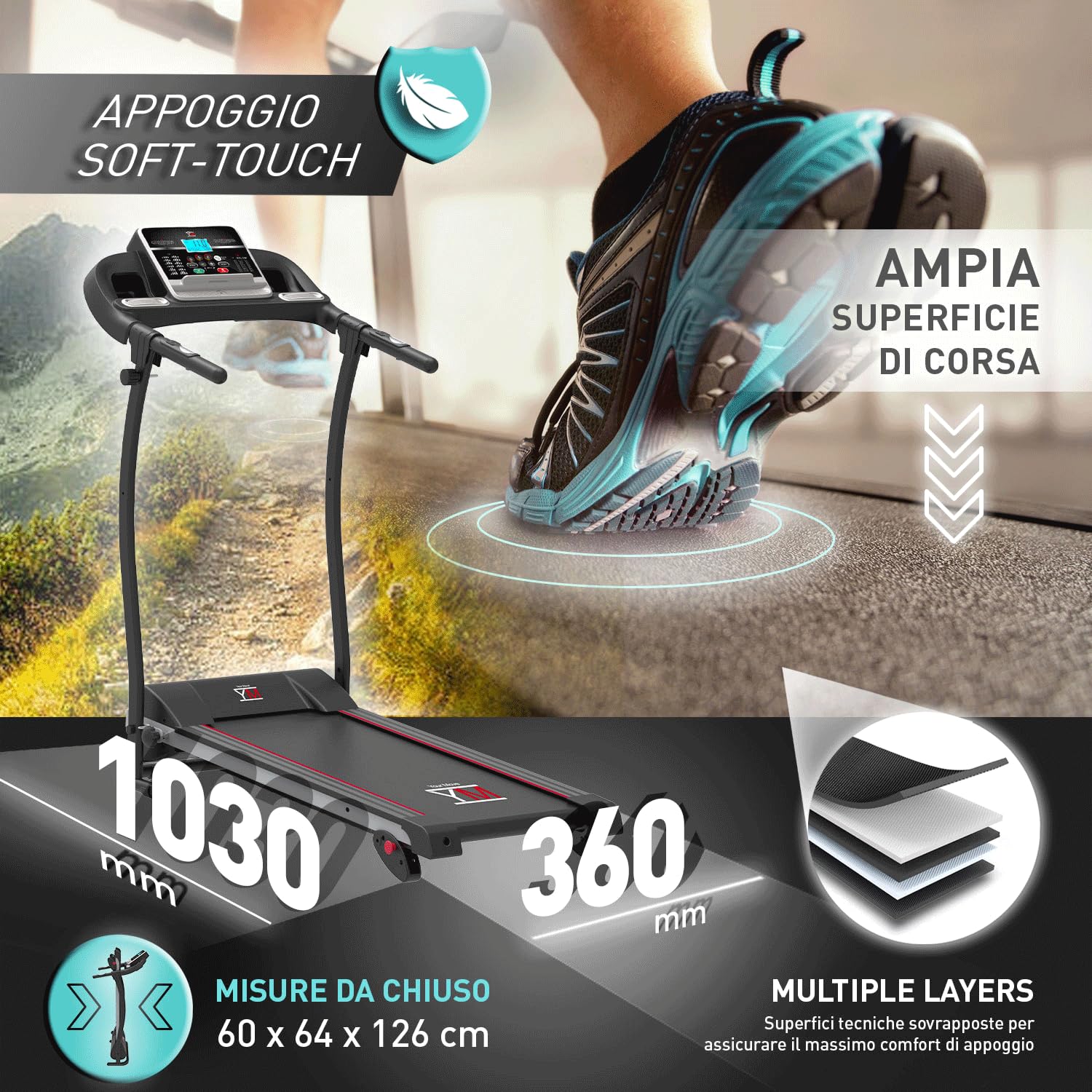 YM TAP100APP Tapis Roulant Elettrico Pieghevole, Marchio di Qualità ITALIANO, 12 km/h App KINOMAP & ZWIFT Video/Coach, Sensore Cardio Inclinazione Regolabile, 12 Programmi, 750W (1800W - 2,5HP Picco)