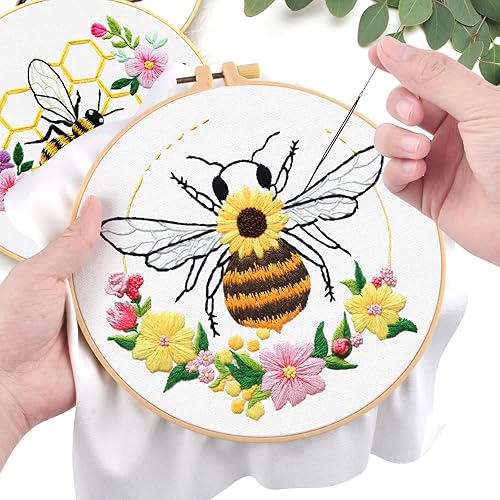 Miniatura 5 de ERKOON Juego de 5 juegos de bordado para principiantes, juego de costura práctico para manualidades de arte, patrones de abejas y flores, kits de