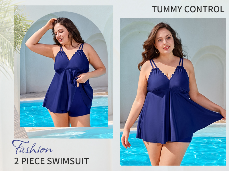 Knee Length Swim Dress Built-In Bottom V Neck Swimdress For Women-Teal   Yonique