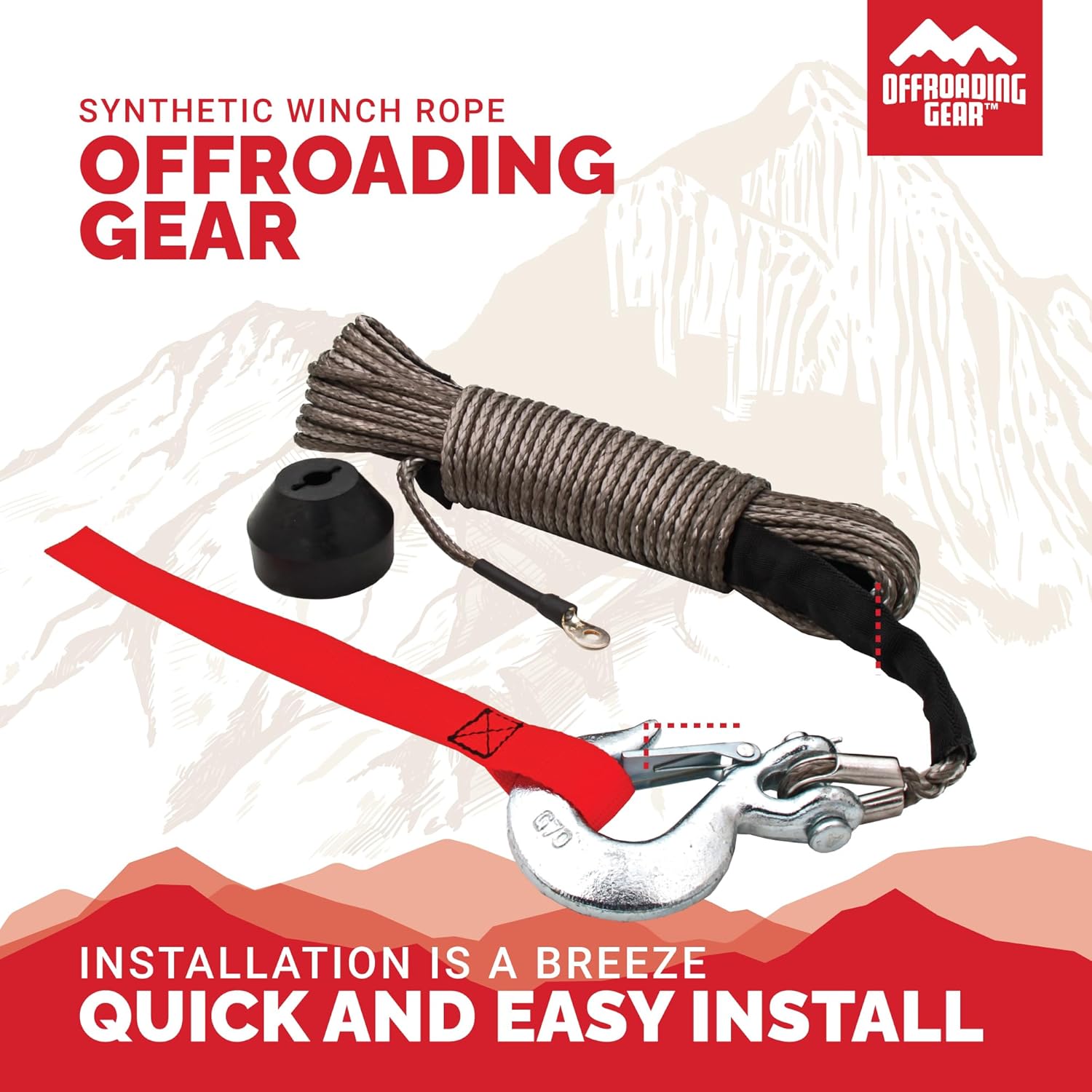 Offroading Gear 50'x1/4” 4x4 Heavy-Duty Synthetic Winch Rope Kit 6,400lbs | Replacement for Cable Wire | Jeep| ATV| Quad Bike| UTV | Free Snap Hook & Rubber Stopper