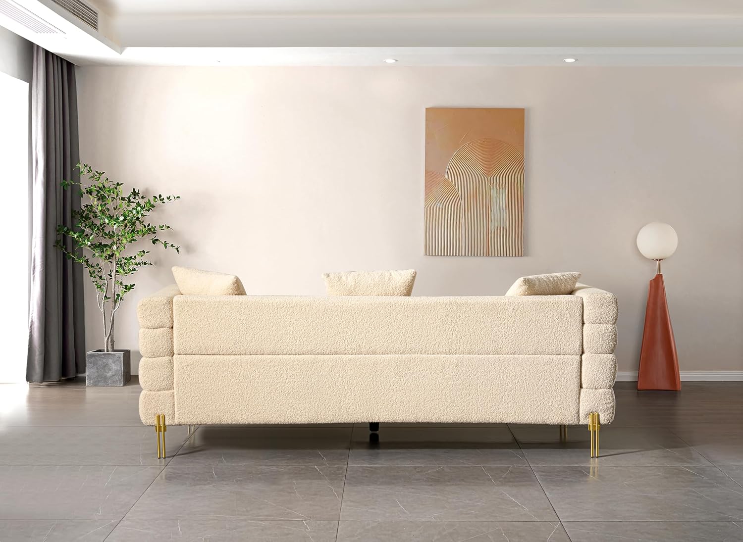 espidoo Modern Upholstered Sofa with Golden Legs: Beige Fabric 3-Seater Couch with Pillows - Sturdy & Comfortable for Living Room & Reception Area - Contemporary Home Decor for Couples & Friends