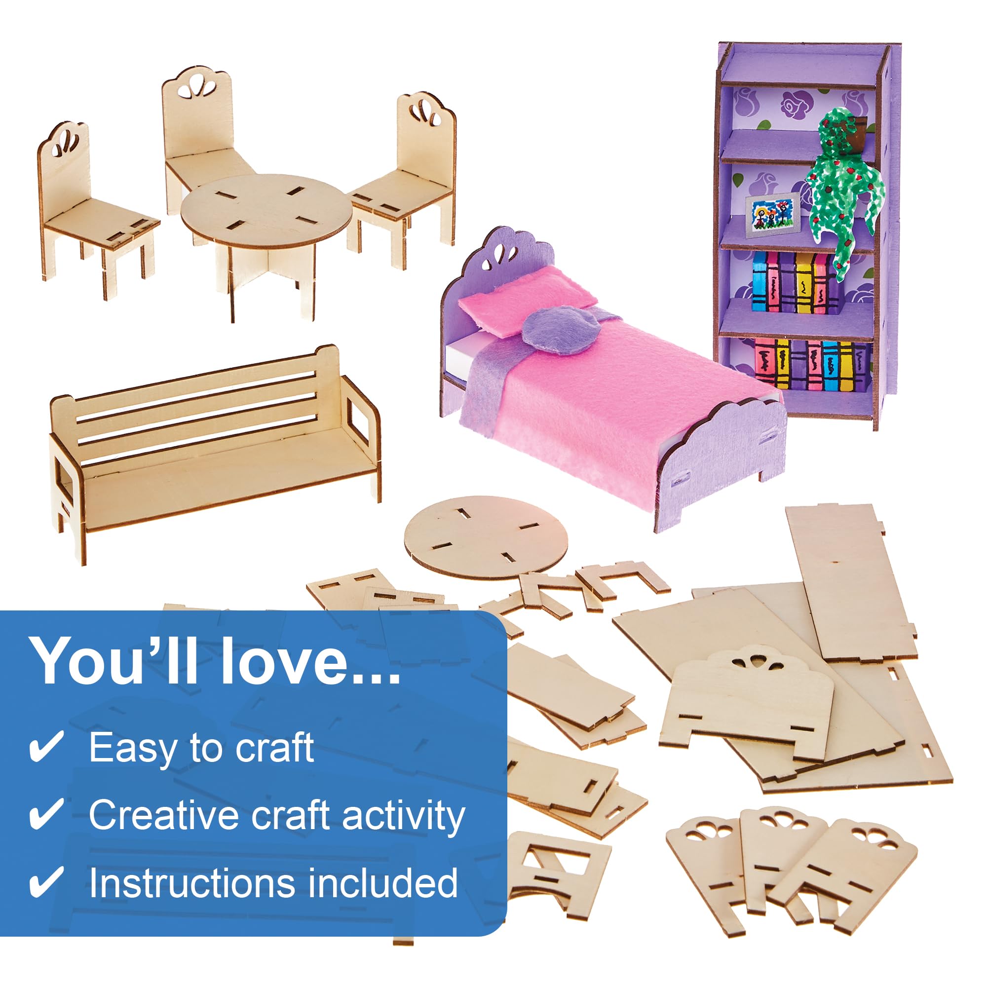 Baker Ross FN272 Build Your Own Dolls House Furniture - Pack of 7 pieces, Kids Dolls House Kit, Mini Furniture Kit - Image 3
