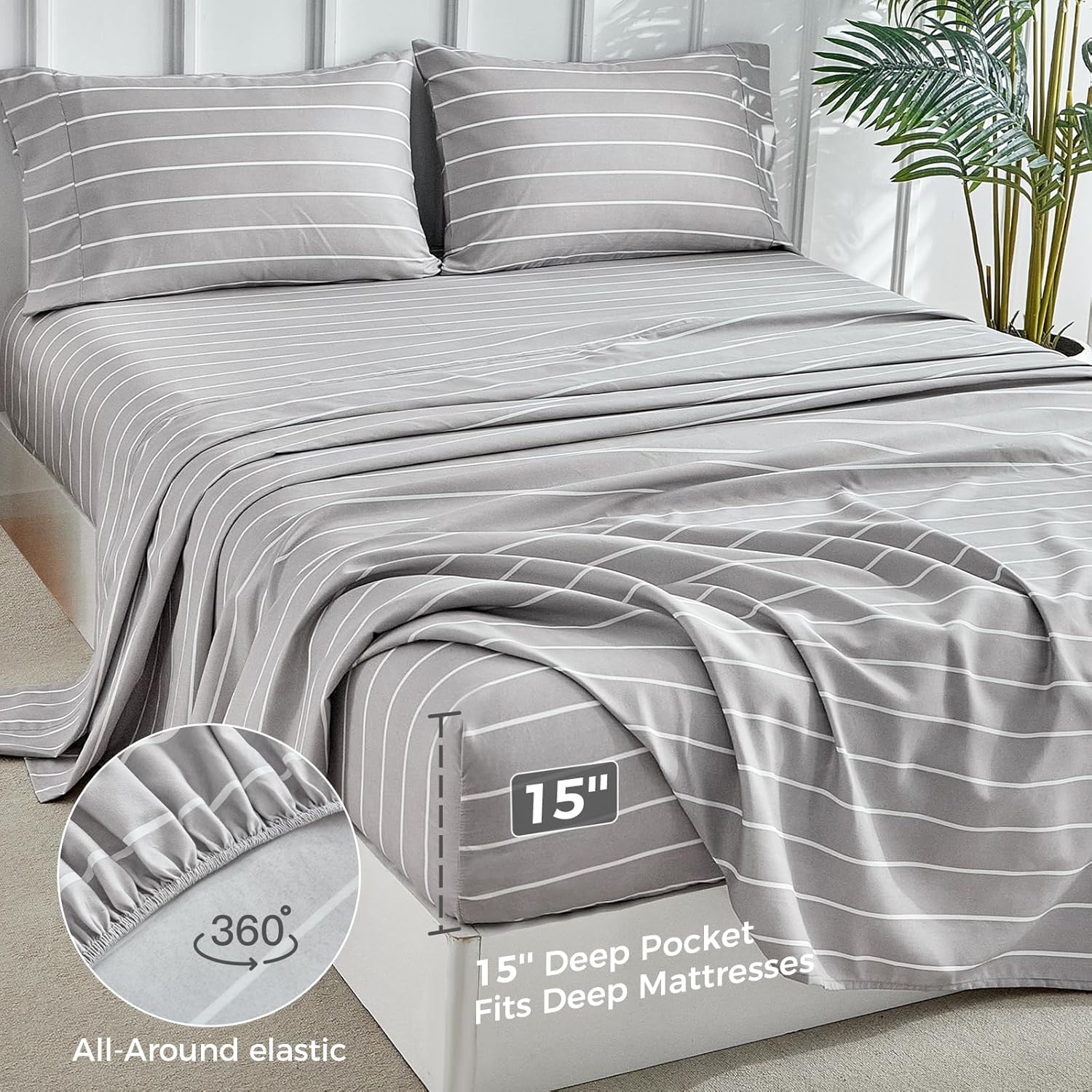 Tokokimo Gray Stripe Sheets Set King Size, 15 inches Deep Pocket Fitted Sheet, Flat Sheet & Envelope Closure Pillowcases, Soft Breathable Microfiber Sheet Set 4-Piece, Gray and White - Image 5