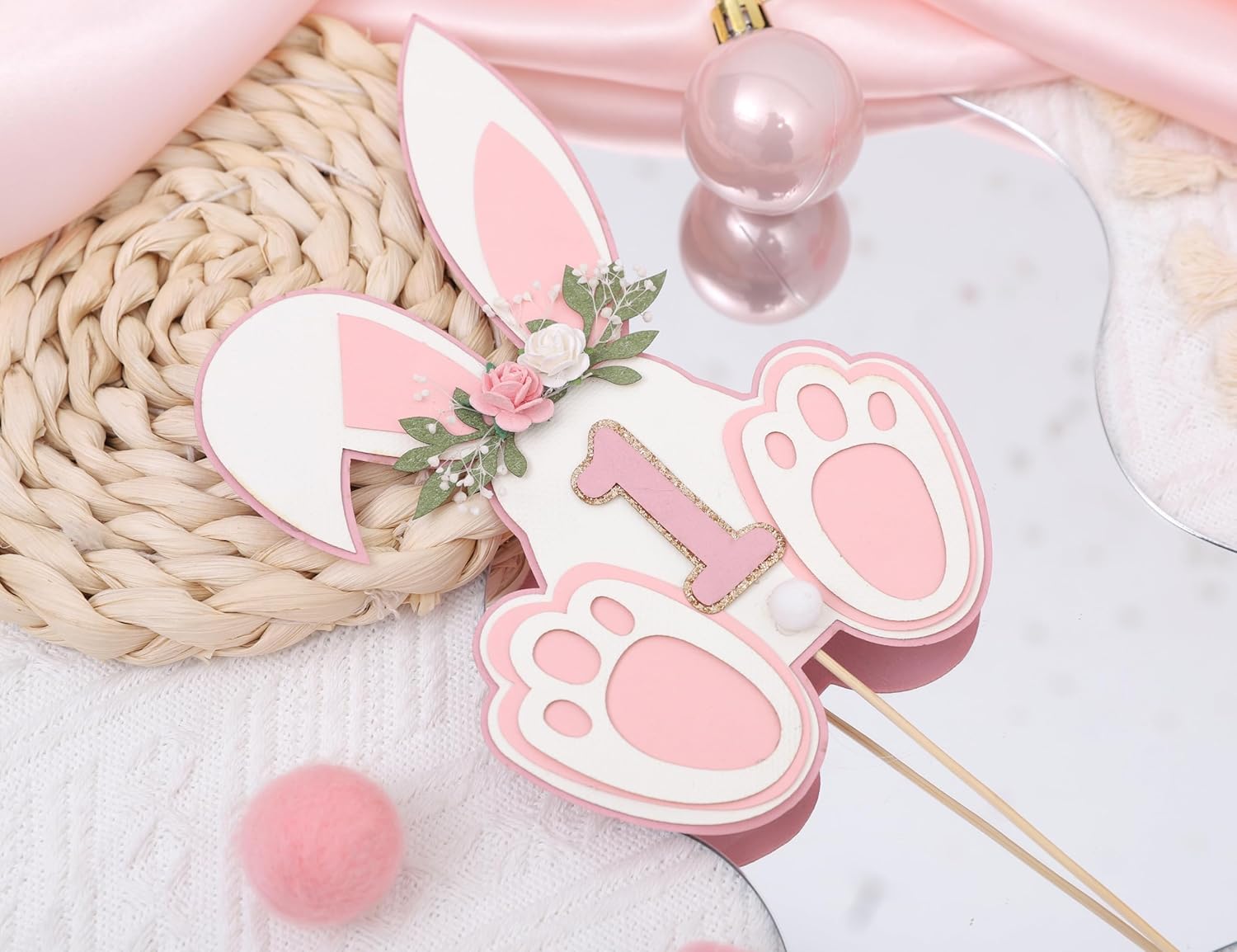 Bunny Ears First Cake Topper- Bunny 1st Birthday Party Decorations, Bunny Ears Paws Cake Decorations, Bunny Birthday Cake Topper,Easter Birthday Party Decoration Supplies