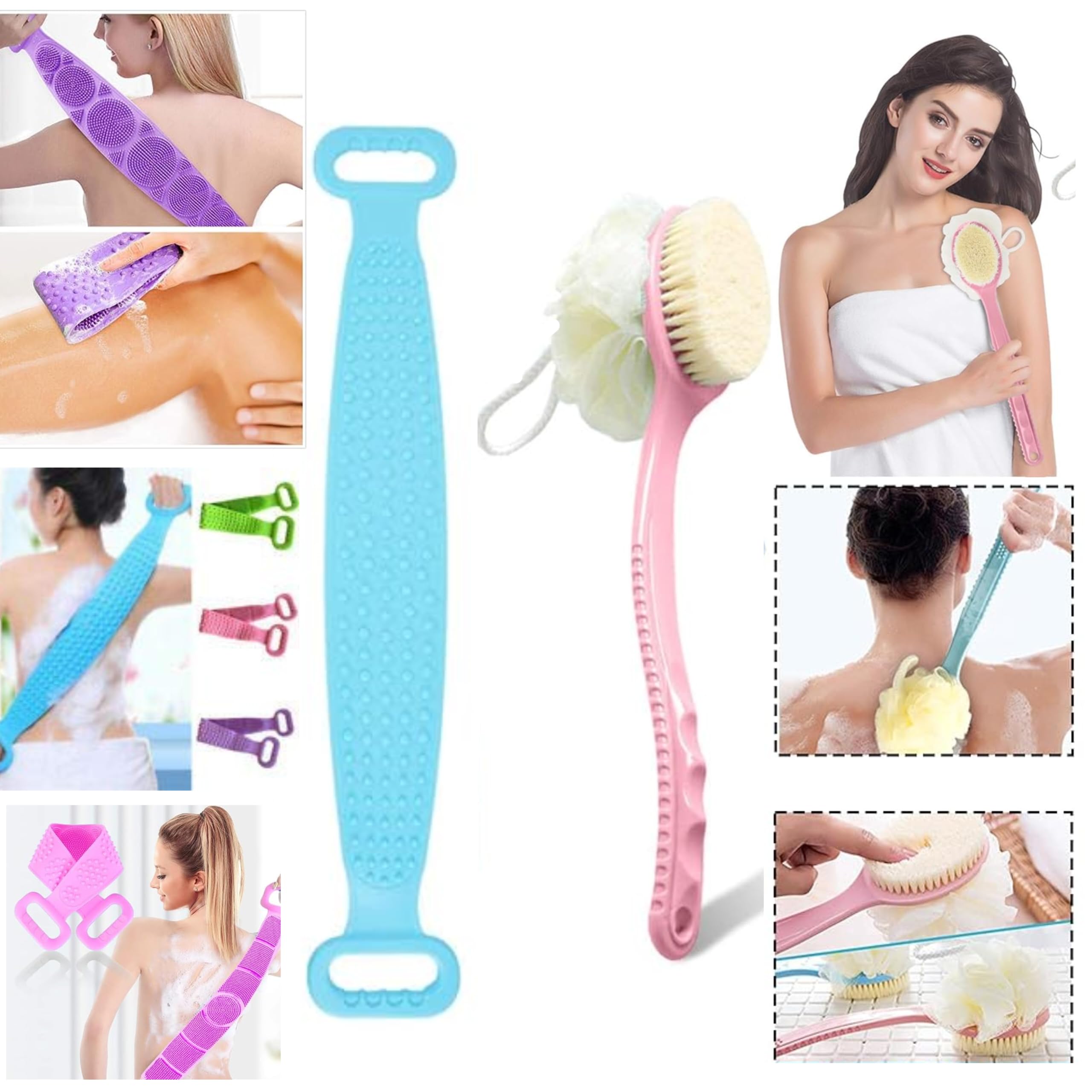 Sarthu Loofah Back Scrubber with Long Handle and Silicone Body Exfoliating Brush for Shower | Combo Pack of 2 | Deep Cleansing, Dead Skin Removal & Massage | Ideal for Men & Women | Multicolor 1