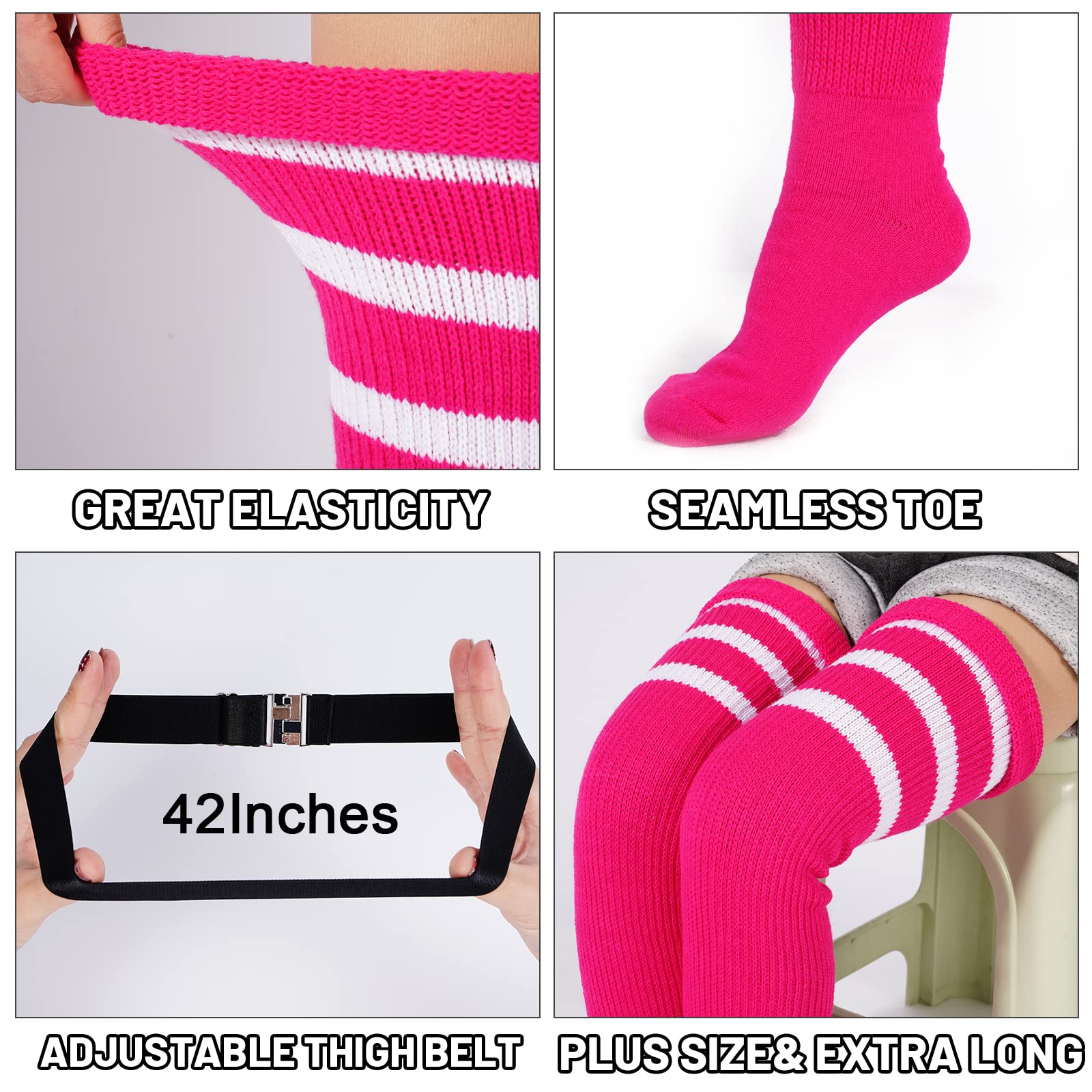 Abodhu Plus Size Thigh High Socks for Thick Thighs Women- Extra Long Widened Extra Long Thick Knit: Rose & White