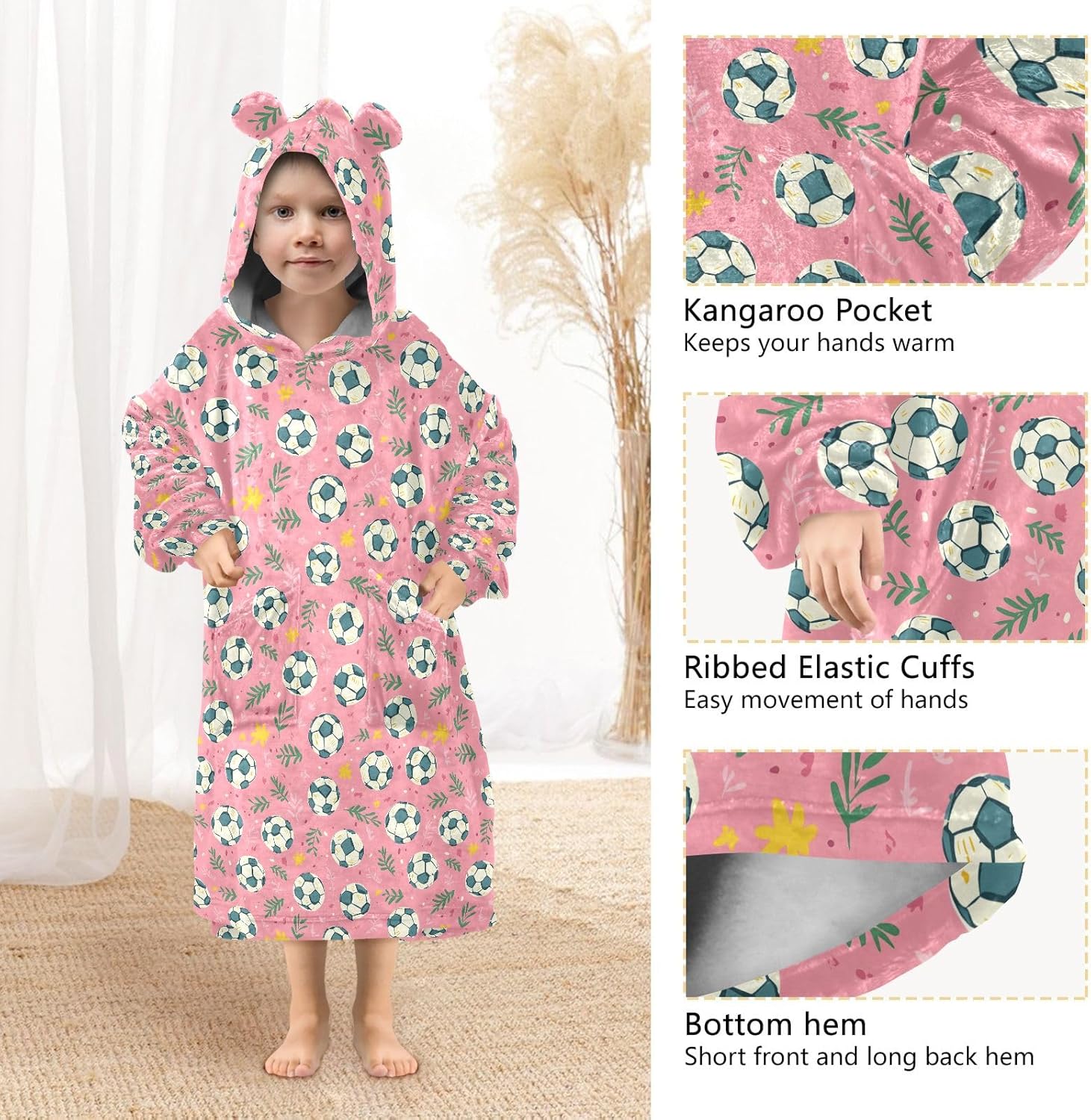 Cartoon Football with Floral Wearable Blankets for Kids, Soft Warm Cozy Blanket Hoodie for Boys Girls with Pocket