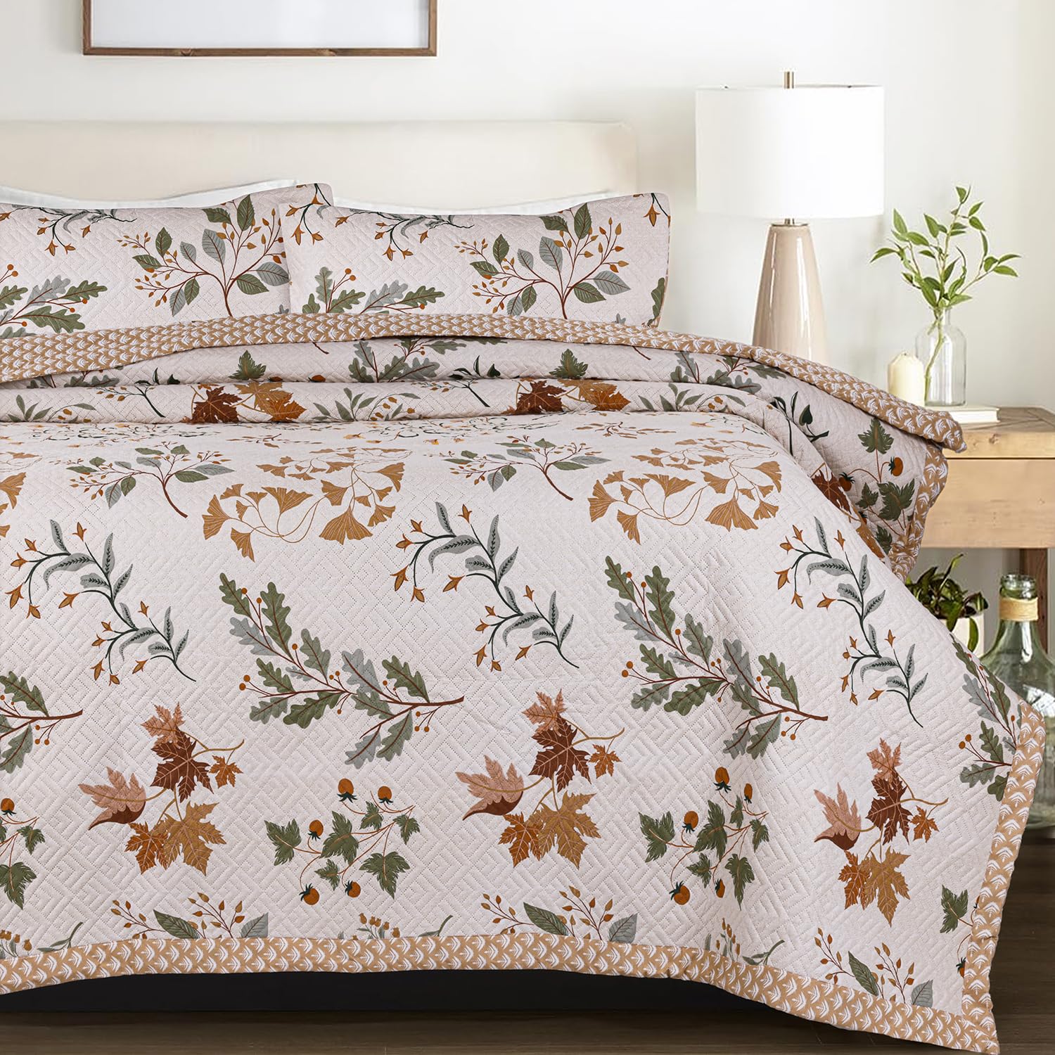 SANMARINO Designer Ultrasonic Green Leaf Beige Printed Bedcover for Double Bed | Premium Quilted Microfiber Bedspread with Pillow Covers | Ultra-Soft, Wrinkle-Resistant, 5-Star Hotel Feel (Bag Pack)-image-31