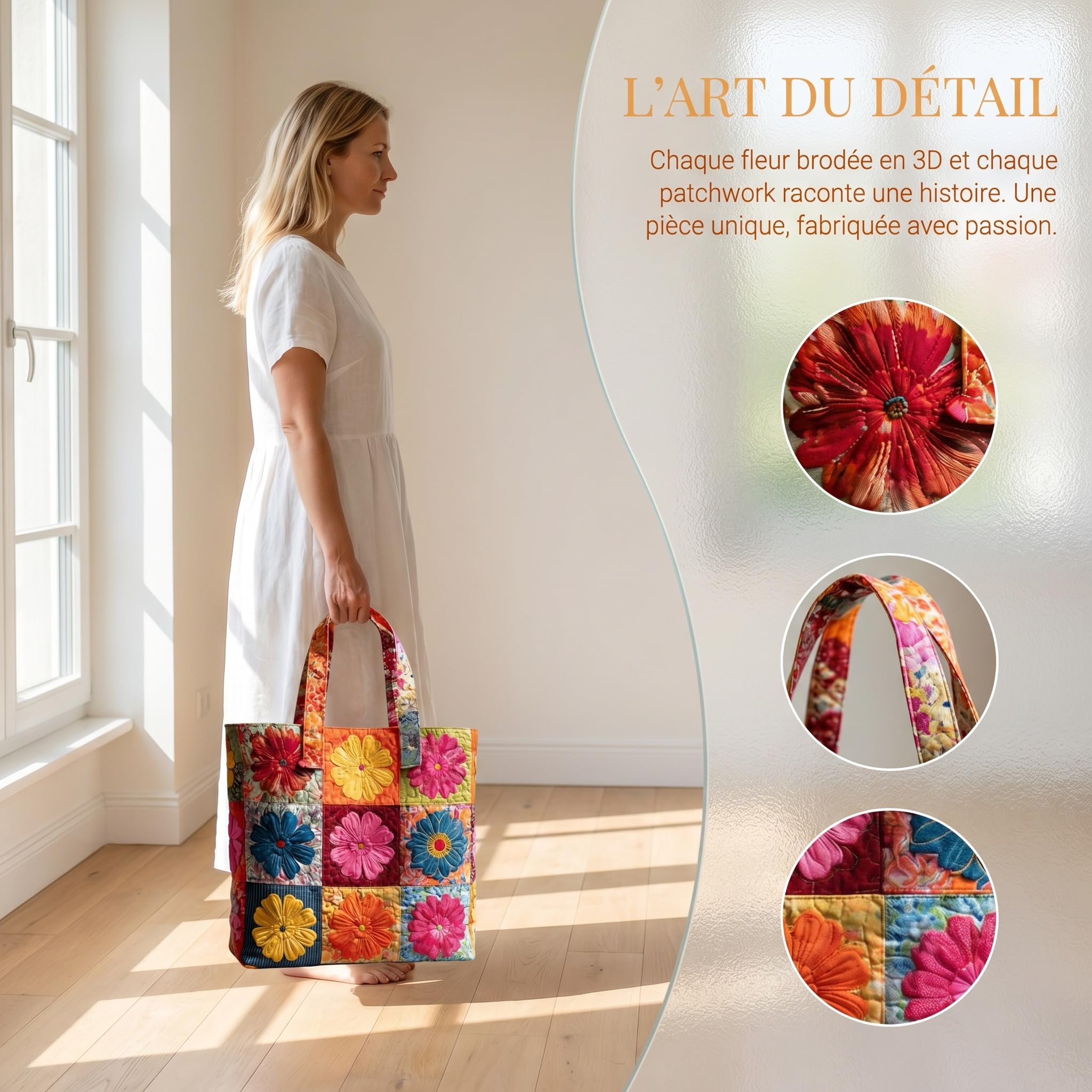 Sac matelassé femme léger à motifs fleurs, sac à main matelassé grande capacité réutilisable, sac pratique voyage courses quotidien, idée cadeau
