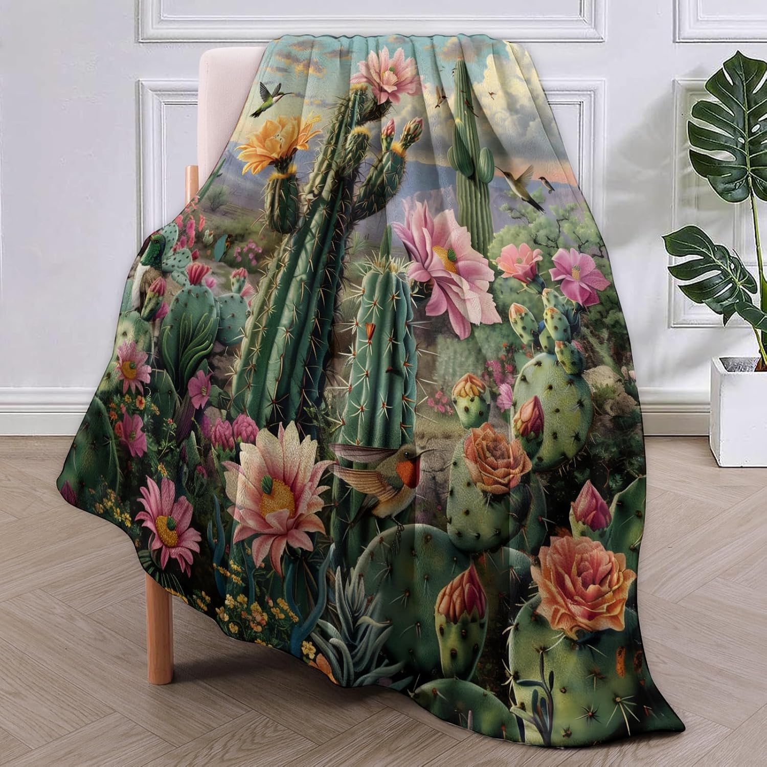 Blooming Cactus Garden Blanket Gifts for Women, Desert Floral Oasis Theme Flannel Blanket, Soft Warm Lightweight Throw Blankets for Bedding Sofa Couch Home Travel Decor 50" x 60"