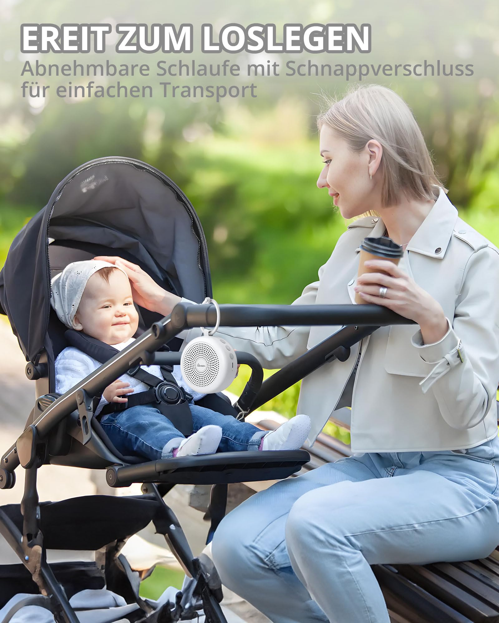 HOMGEN White Noise Machine Baby Einschlafhilfe für Babys & Erwachsene | Tragbare weißes Rauschen, 29 Beruhigende Klänge, 3 Timer-Einstellungen, Langlebige Leistung, Befestigung am Kinderwagen Bett