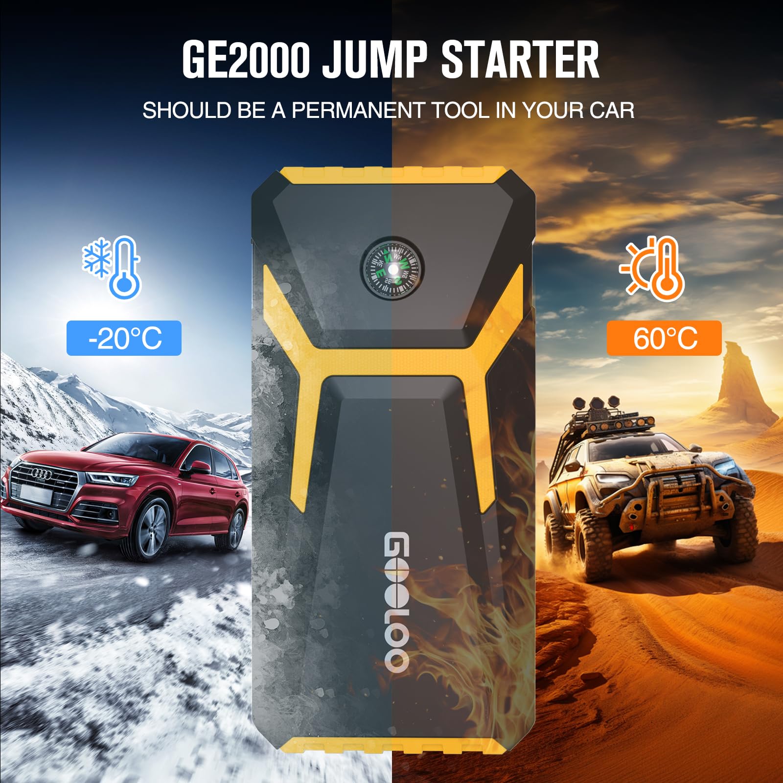 GOOLOO GE2000 Avviatore Batteria Auto, Supersafe 2000A 12V Booster Avviamento Auto Portatile Avviatore Emergenza per Auto/Moto Adatto per 6L Benzina e 4L Diesel