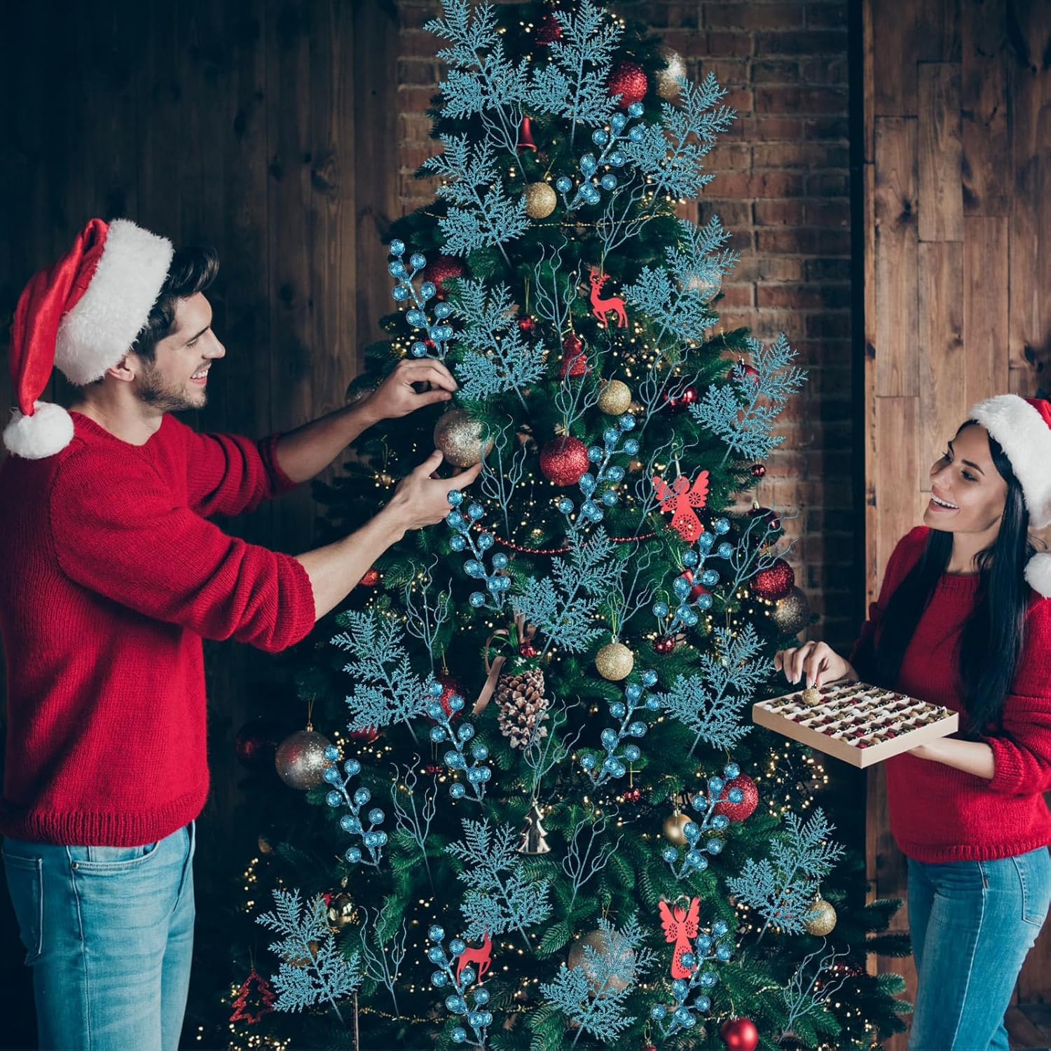 75 Pcs Halloween Glitter Branches 3 Styles Artificial Christmas Picks Berries Stems Pine Needles Floral Twig Spray for Xmas Tree Ornaments DIY Wreath Garland(Light Blue)