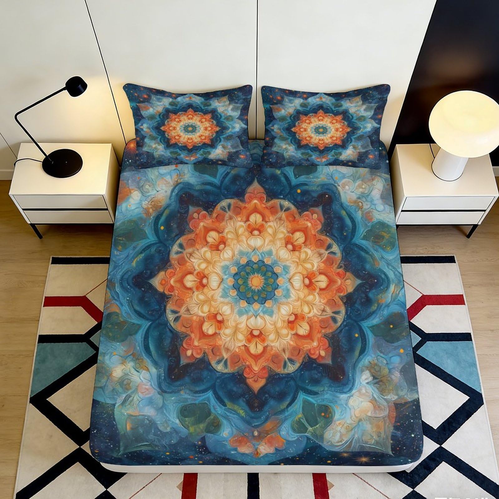 Uynsixtme Style-8 3D Printed Mandala Fitted Sheet Microfiber Deep Pocket Bedroom Bedding Mandala Mattress Fitted Cover Non-Slip Full Wrap 140X200x25cm