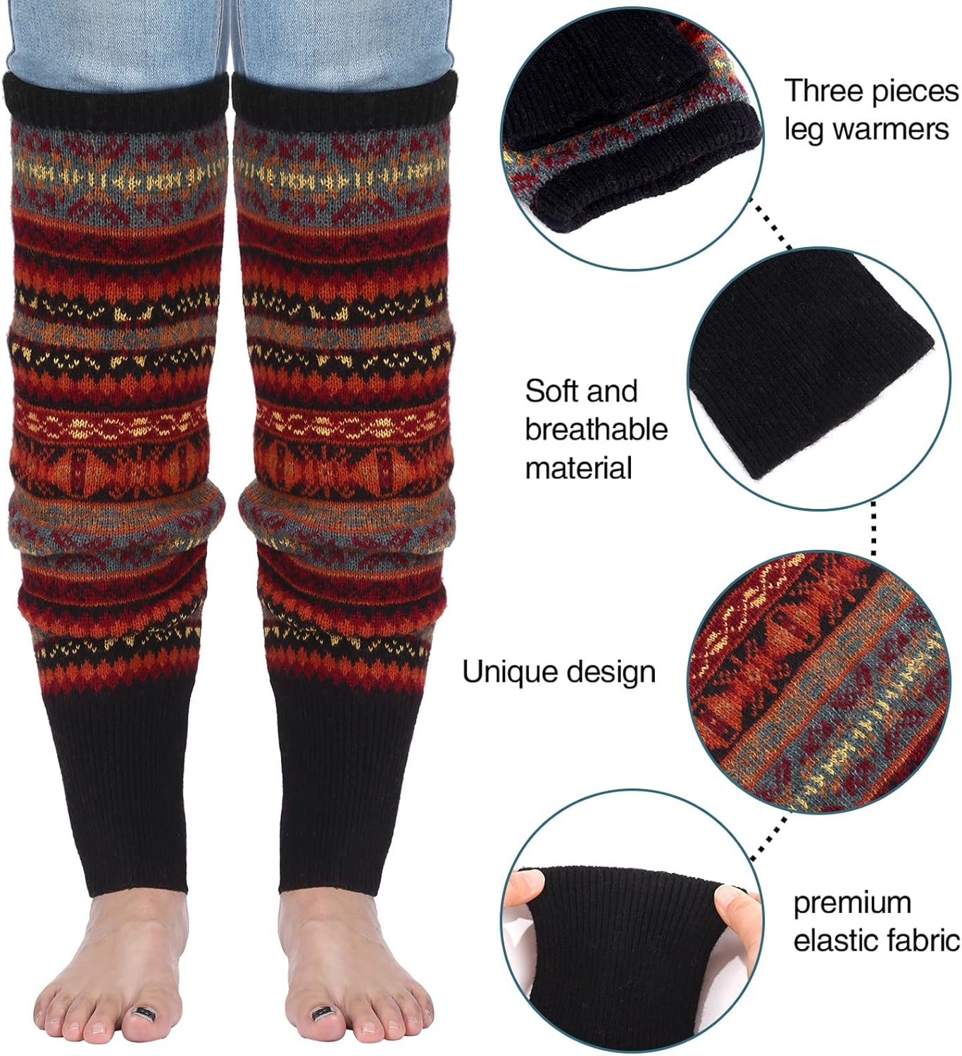 SATINIOR 2 Pairs Leg Warmers for Women Wool Leg Warmers Bohemian Winter Long Knit Boot Cuffs Socks for Women(Black, Navy Blue) - Image 3