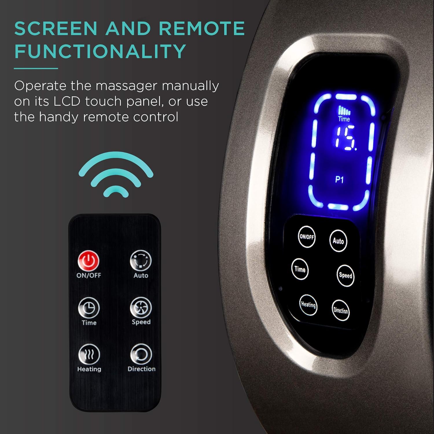 Панель керування та пульт дистанційного керування масажером для ніг, на яких виділено різні кнопки для налаштування таких параметрів, як час, швидкість, нагрівання та напрямок.