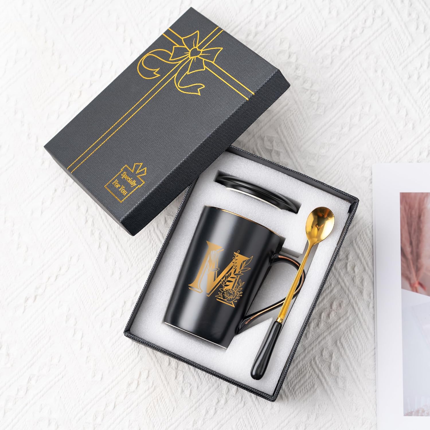 Letter M Personalized Initial Mugs with Flower, Letter M Personalized Coffee Mug, Customized Cool Letter Mugs for Women, Bridal Shower Gifts, Women's Initials Gifts Mug 14 OZ Matte Black - Image 7