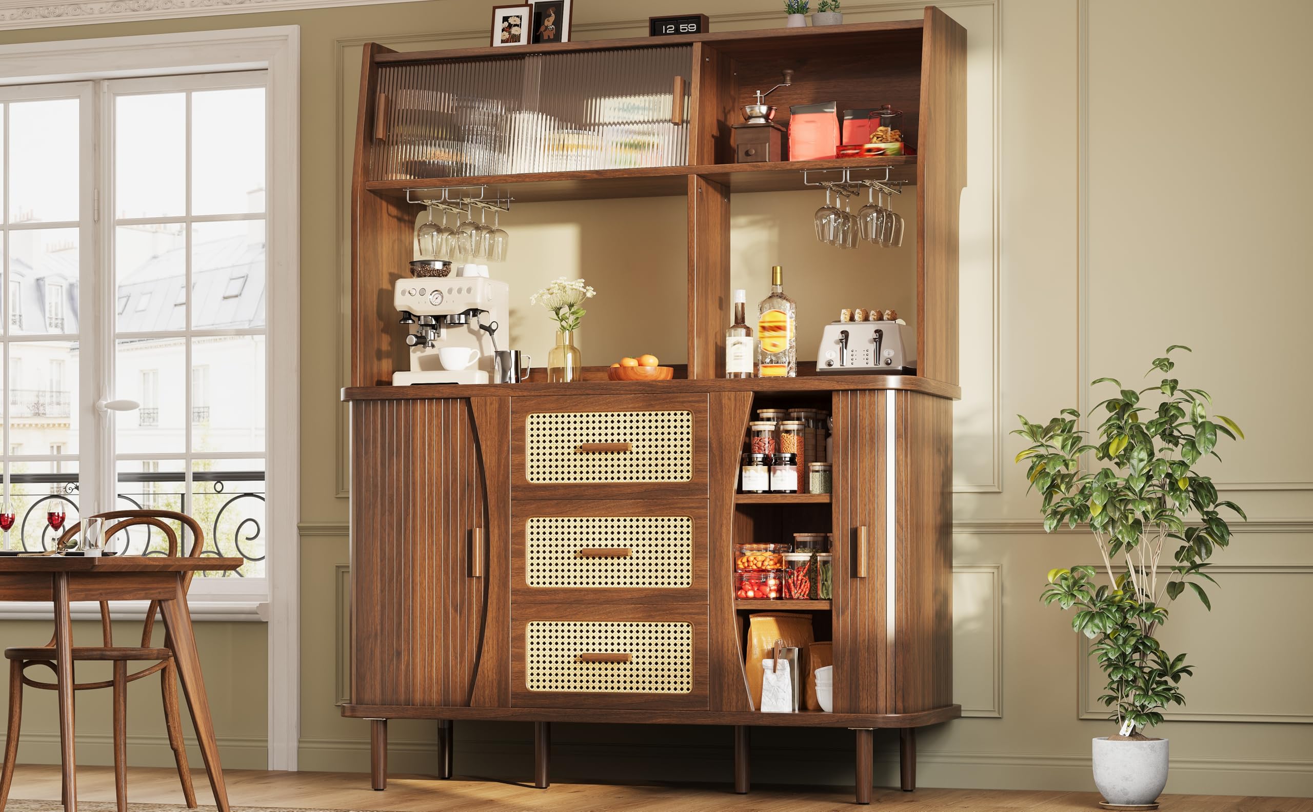 Armario buffet con efecto ratán, puertas correderas de cristal, 140 cm