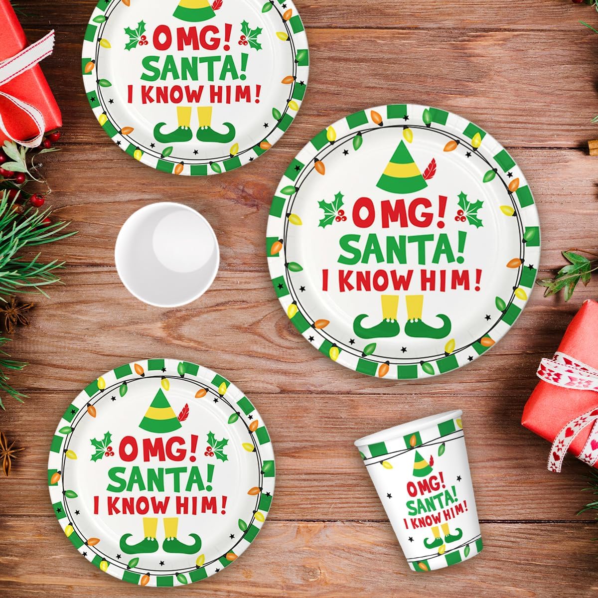 Aisosiks OMG Santa I Know Him Party Supplies Set Plates Cups, Funny Christmas Decorations, Funny Movie Decorations, DZ Christmas Party Decorations