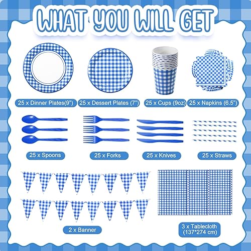 Miniatura 2 de 205 piezas de suministros de fiesta para 25 invitados, mantel a cuadros, banderín, banderín, plato, servilleta, cubiertos y pajita para fiesta de