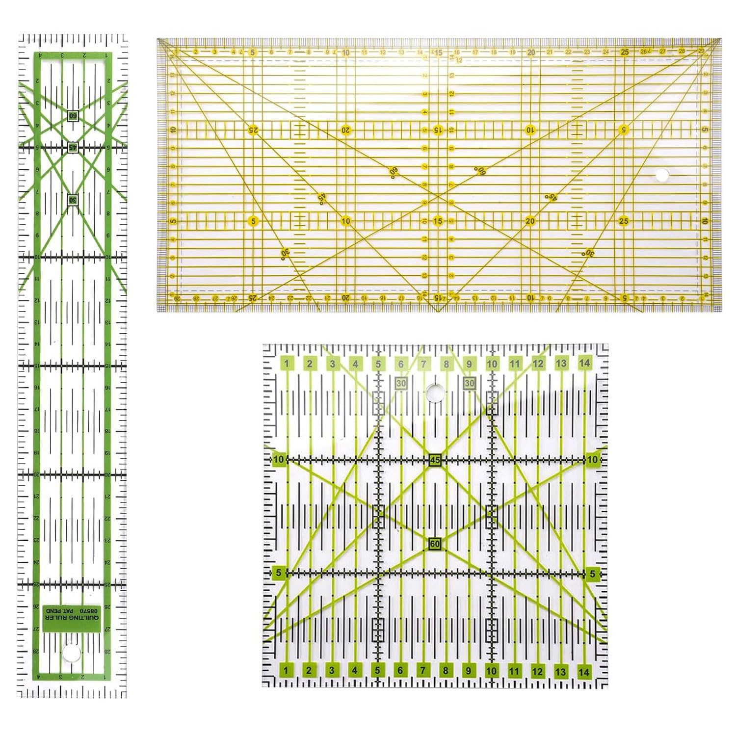 JDCMEI 3 Pezzi Righello Patchwork Quilting, Righelli da Cucito, 15 x 30 cm / 15 x 15 cm / 5 x 30 cm Righello da Sarto, Righello Patchwork con Linee D'angolo per