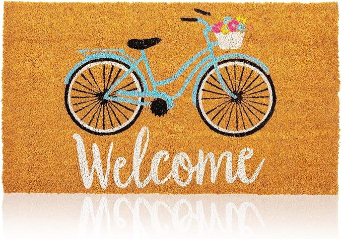 Juvale Natural Coir Welcome Mat - 30 x 17 in Natural Color - Non Slip Outdoor Doormat for Front Door Entrance - Bicycle Floral Design