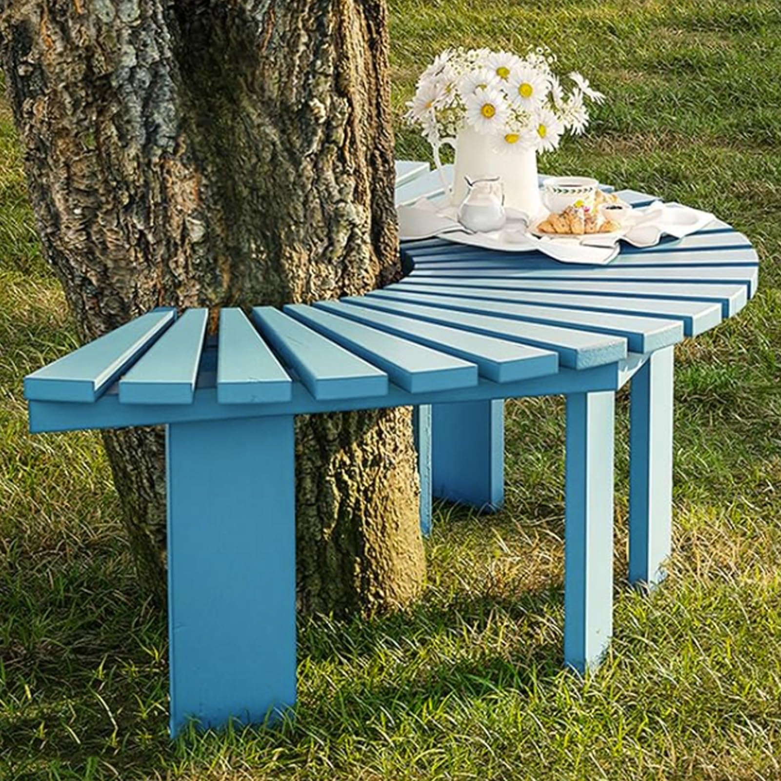 Banc de terrasse courbé en bois YVYKFZD résistant aux intempéries bleu 120cm