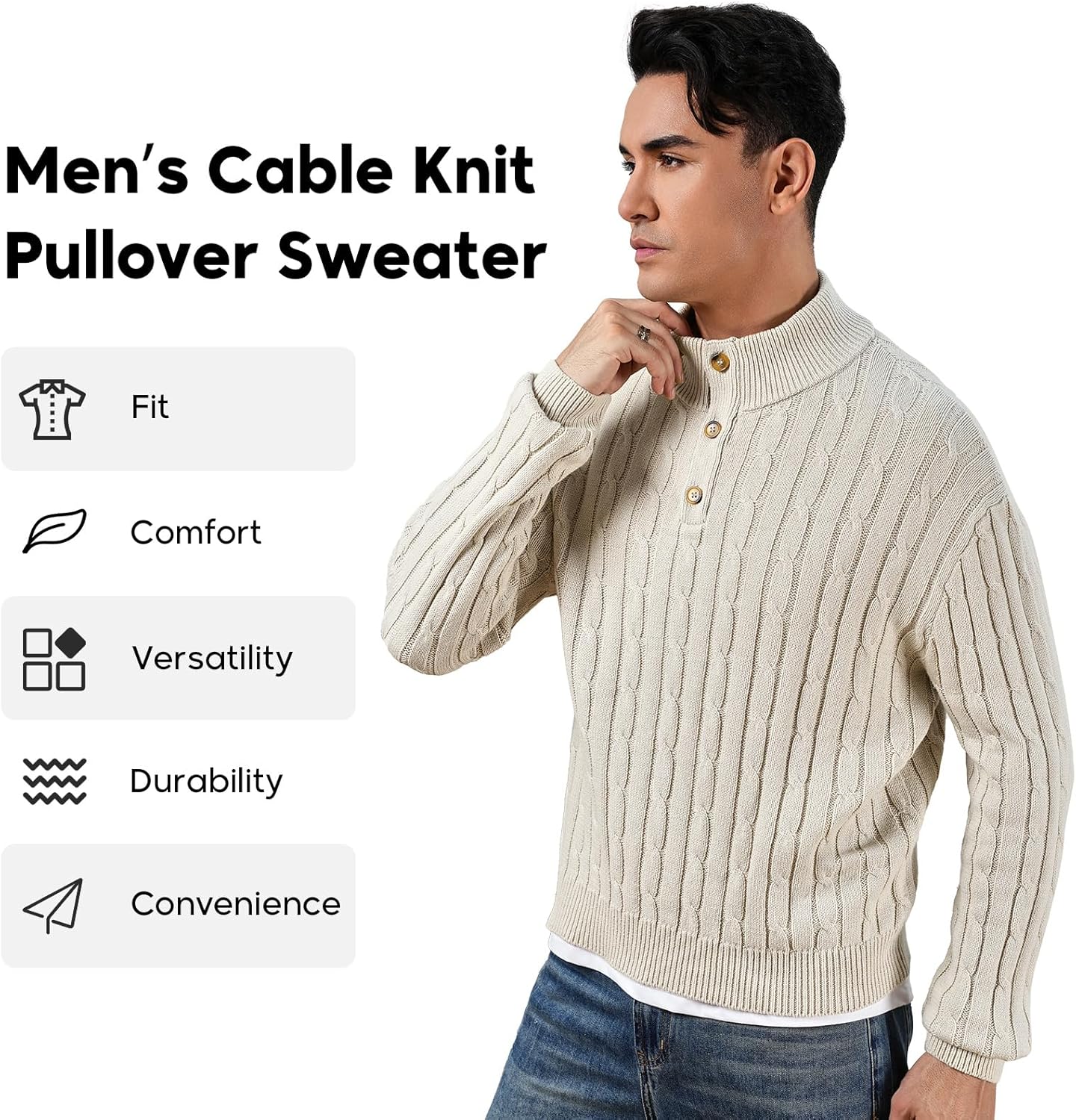 Cable Knit Sweaters for Men, Vintage Cream 1/4 Button Up Regular Fit Lightweight Mock Neck Long Sleeve Fisherman Pullover - Image 2